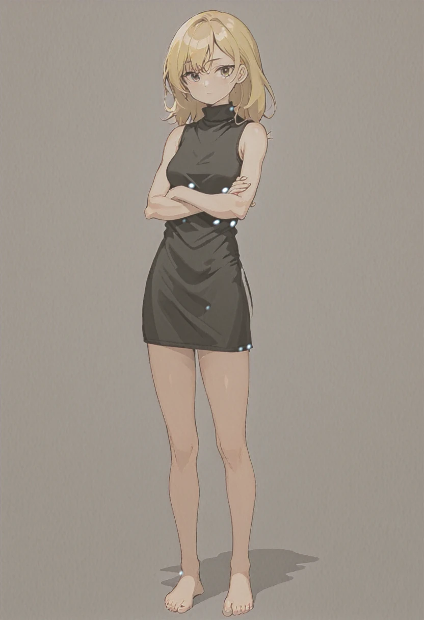 Girl, blonde arms crossed, black turtleneck tank top, no pants, barefoot, standing, serious face full body