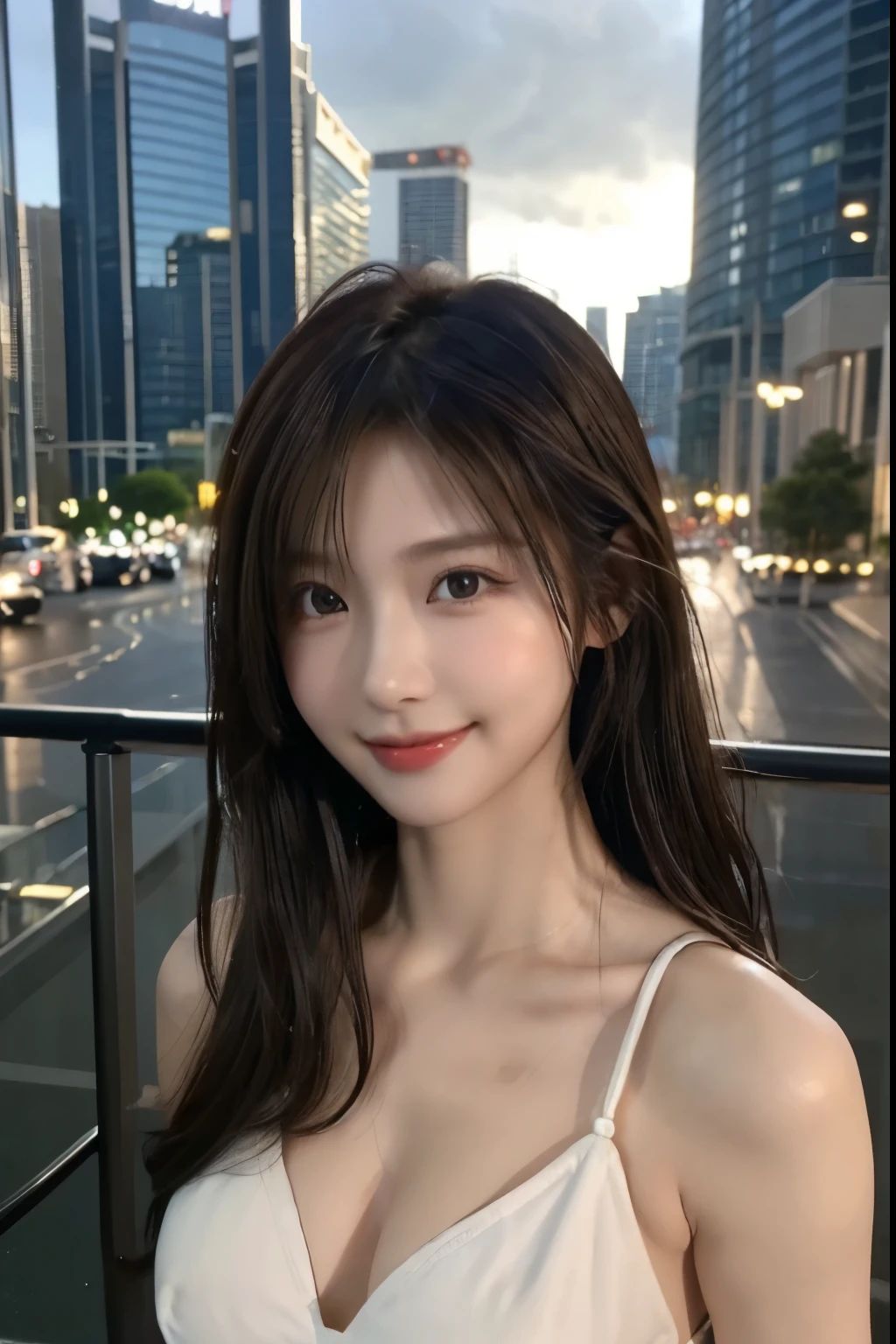 ((Realistic lighting、highest quality、8K、masterpiece:1.3))、8K、Clear focus:1.2、NSFW:1.6,(naked:1.5)、((Realistic)) , ((True Light、highest quality))、Very beautiful Japanese、Model Body Type:1.4、(Dark brown hair、 outside:1.2)、Dark brown eyes、Hair length、Soft big breasts、Big cities、Skyscraper、(21 years old:1.3)、smile、Highly detailed face、Beautiful double eyelids、Hair above one eye、Wearing a bikini、High heels、Eyeliner、Standing、The whole body is visible、