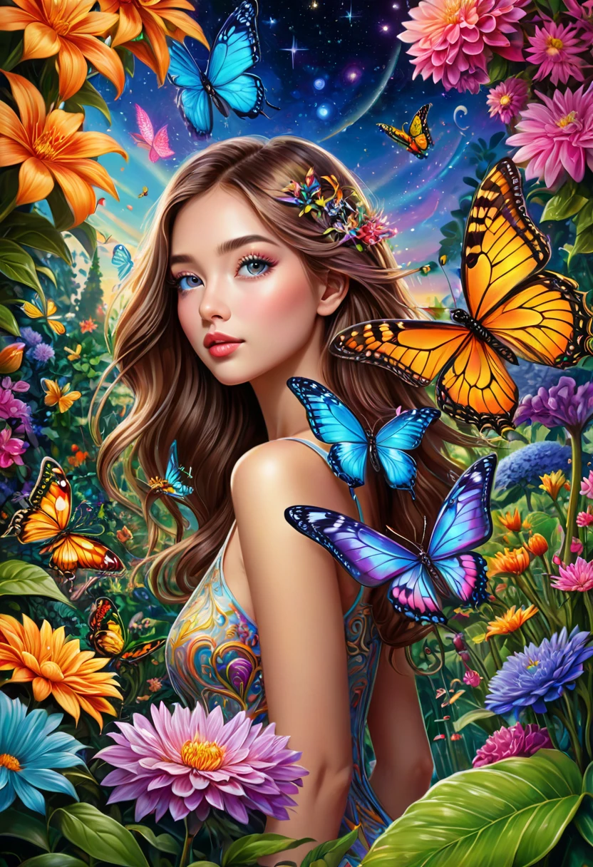 a girl close up, glowing shinny eyes with ultra long eyelashes, in a surreal and intricate garden of infinite possibilities, lost in a chaotic and unpredictable world, surrounded by vibrant and mesmerizing colors. The garden is filled with unique and peculiar plants and creatures, creating a sense of wonder and curiosity.
The girl has deep and expressive eyes that are beautifully detailed, capturing the essence of her emotions and thoughts. Her lips are also beautifully detailed, reflecting her innermost desires and dreams. She has an aura of mystery and intrigue, drawing people towards her. Her face is extremely detailed, with long eyelashes that add to her captivating presence.
The garden is made with the highest level of craftsmanship, resembling a masterpiece of art. It combines various mediums such as illustrations, oil paintings, and 3D renderings, creating a visually stunning and immersive experience.
Every corner of the garden is filled with ultra-detailed elements, from the intricate textures on the petals of flowers to the fine details on the wings of butterflies. The level of detail is so high that it feels almost realistic and photorealistic. The colors are vivid and vibrant, with neon highlights that add a touch of excitement and futuristic aesthetics.
As the girl wanders through the garden, she is surrounded by an epic and complex landscape. The sky is filled with an abundance of stars, creating an ethereal and dream-like atmosphere. The transition between day and night is captured in the end of the sunset, where the colors blend harmoniously, creating a sense of tranquility and serenity.
This ultra HD artwork is a true masterpiece, capturing the essence of the girl's journey through the garden of random wonders. It is a visual representation of the infinite possibilities that lie within our dreams and the beauty that can be found in the most unexpected places.