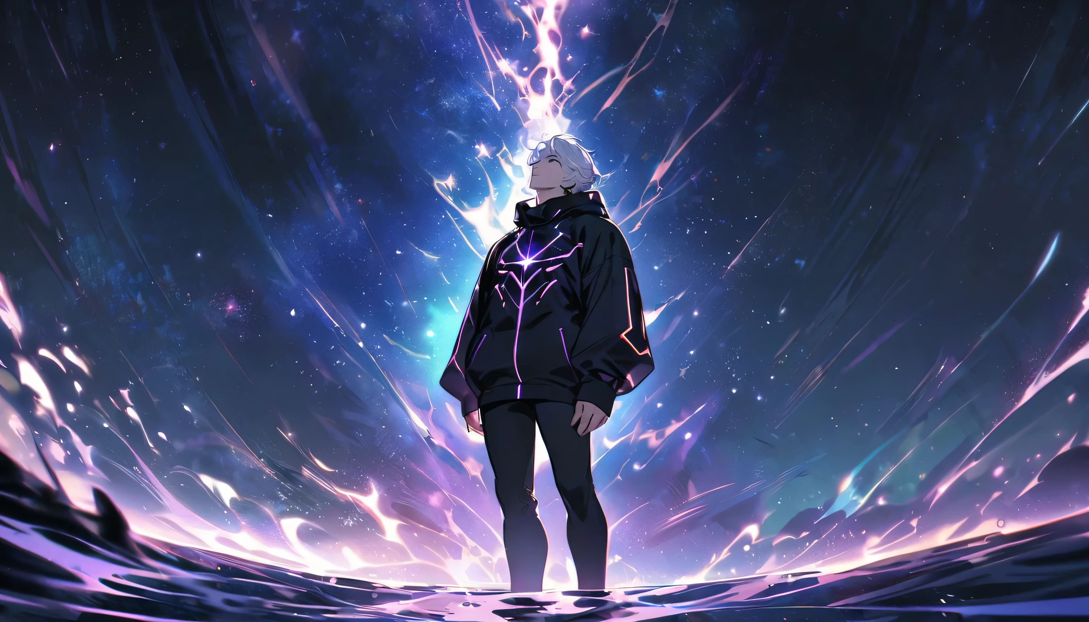 Man, hansome,white hair,wearing a black cyberpunk hoodie, a man standing upon space in time as if they are made of water looking up at the stars in the night sky, his emanating purple primordial glow, that signify ethereal