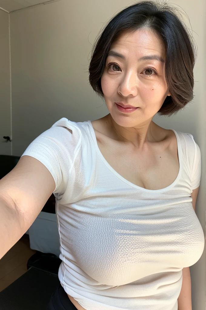 (top quality,masterpiece,ultra-detailed,photo realistic,Textured skin,beautiful skin,anatomically correct:1.2),(white-tshirts),(no makeup),(detailed eyes),(upperbody shot:1.2),(45 years old),(Japanese mature woman),Natural eyebrows,flat lighting,((1 girl)),