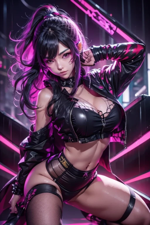 KDA Akali, energetic pose, detailed outfit and mask, powerful dragon in the background, electric atmosphere with glowing cracks