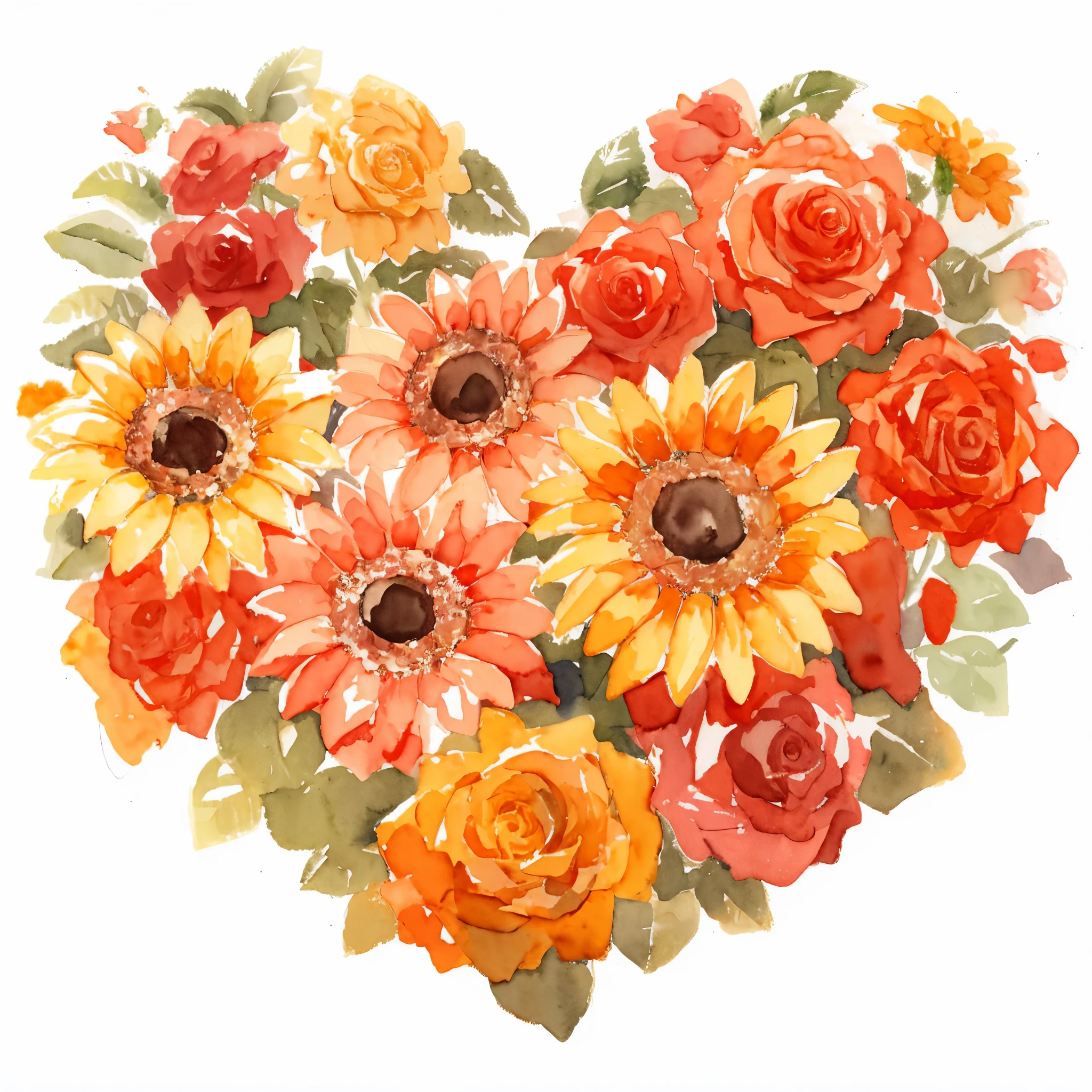 many roses and gerberas laid in a heart-shaped, orange and yellow flowers, ((watercolor, Impressionism, sketch)), white background, masterpiece, best quality, (beautiful illustration)