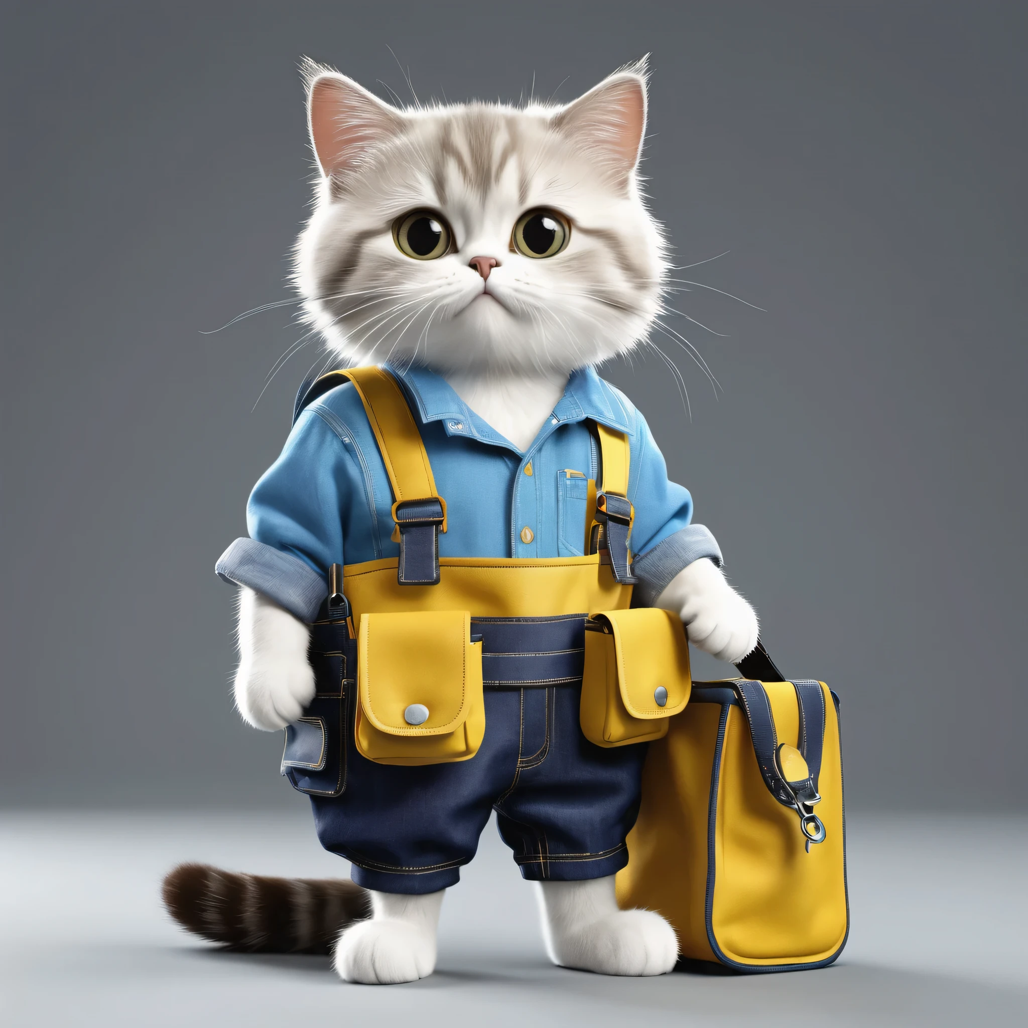 Chat mignon avec des vêtements, plombier, with its tool bag, style dessin