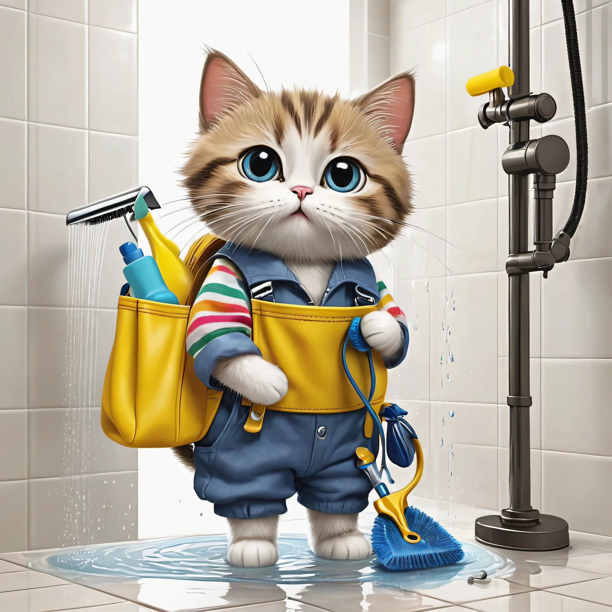 Chat mignon avec des vêtements, plombier, with its tool bag, fixing a shower, style dessin