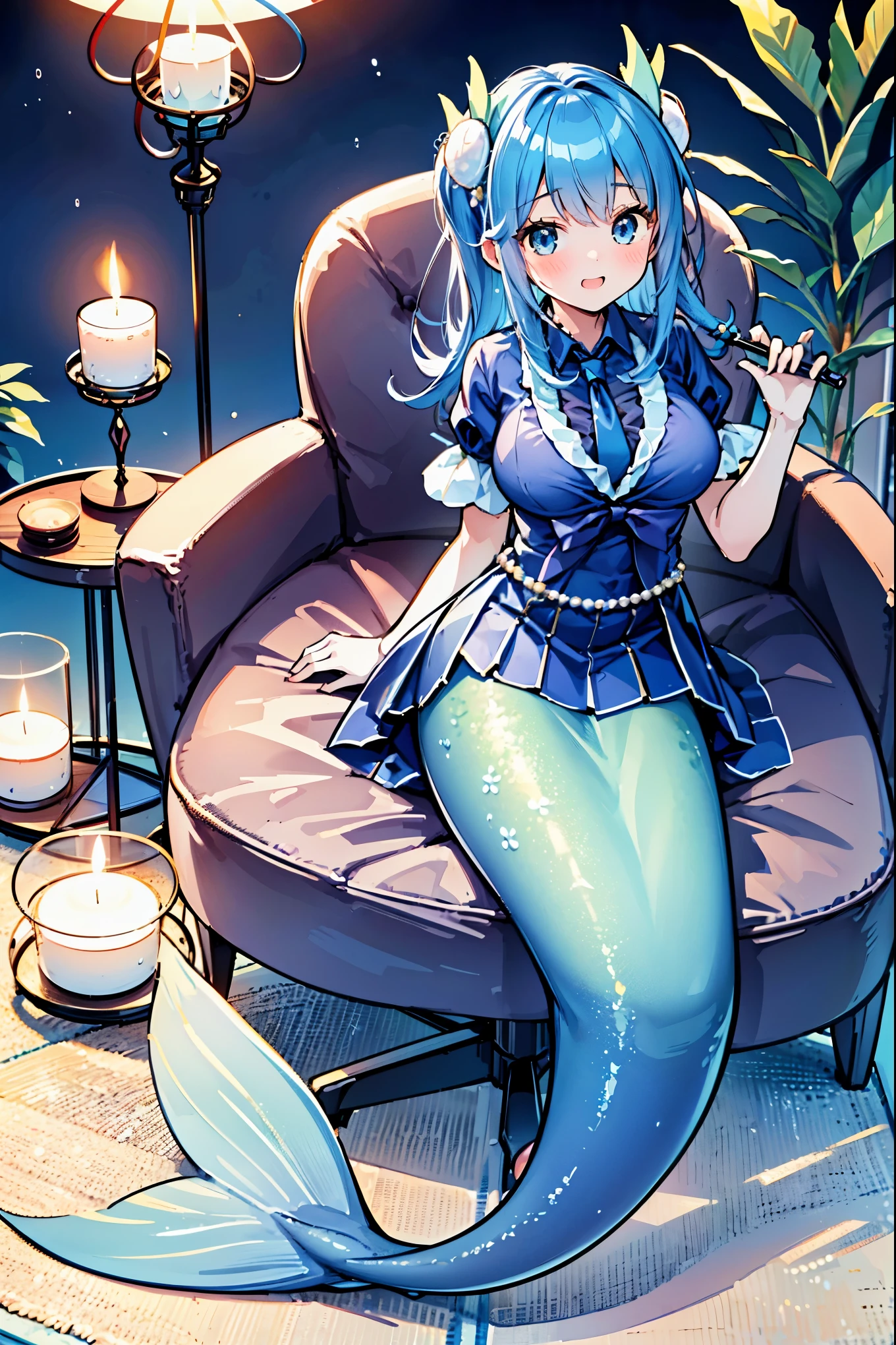 masterpiece, best quality,a woman,Large Breasts,Mermaid,Blue shirt,Blue Skirt,天藍色的Mermaid尾巴,full-body shot,for the audience,Get posed,living room,Sitting on the sofa,charming脸(Kawaii, charming,Soft)