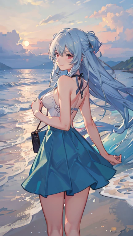A beautiful woman on a sunset beach, looking back at the viewer, light blue hair, pink eyes, light vibrant green skirt, modest, sly smile, happy, gentle waves