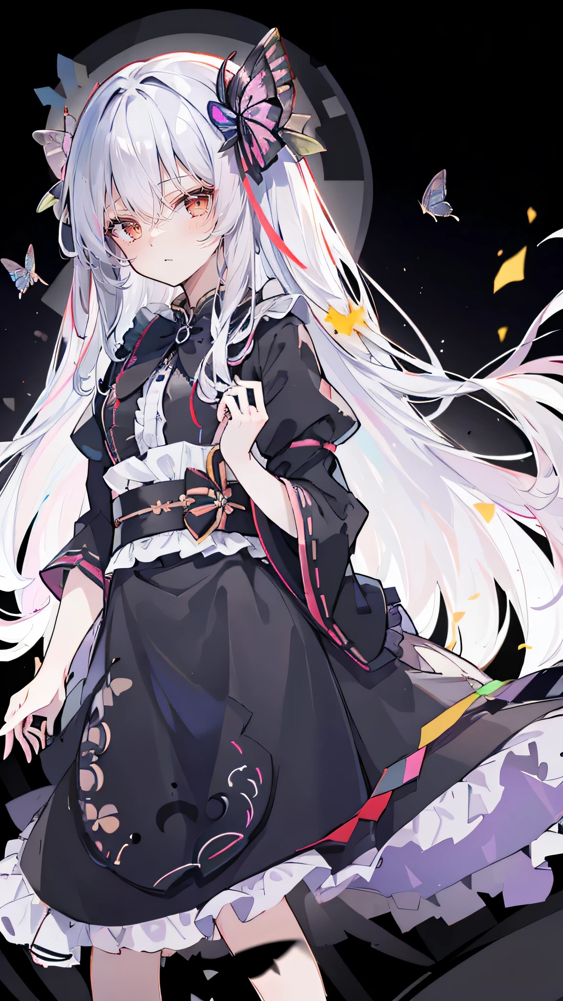 32k, Perfect body, Lovely , Lovely smile, Lovely dress, Long hair, white hair, Black skirt, ((Black butterfly)), ((Black butterfly hair ornament)), ((Black butterfly shaped brooch)), ((Black butterfly dress)), ((Black light particles)), (((Good quality))), ((Black Kimono)), ((black japanese clothing)), ((Full Moon)),