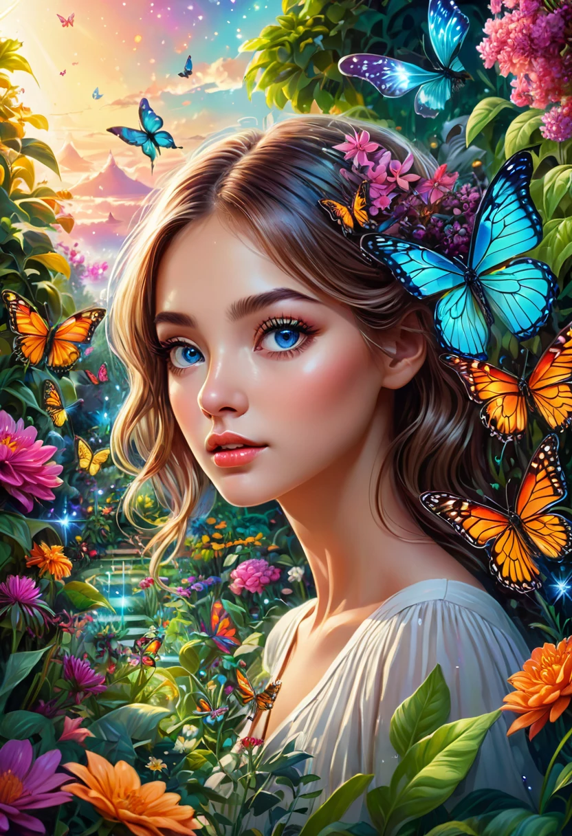 a girl close up, glowing shinny eyes with ultra long eyelashes, in a surreal and intricate garden of infinite possibilities, lost in a chaotic and unpredictable world, surrounded by vibrant and mesmerizing colors. The garden is filled with unique and peculiar plants and creatures, creating a sense of wonder and curiosity.
The girl has deep and expressive eyes that are beautifully detailed, capturing the essence of her emotions and thoughts. Her lips are also beautifully detailed, reflecting her innermost desires and dreams. She has an aura of mystery and intrigue, drawing people towards her. Her face is extremely detailed, with long eyelashes that add to her captivating presence.
The garden is made with the highest level of craftsmanship, resembling a masterpiece of art. It combines various mediums such as illustrations, oil paintings, and 3D renderings, creating a visually stunning and immersive experience.
Every corner of the garden is filled with ultra-detailed elements, from the intricate textures on the petals of flowers to the fine details on the wings of butterflies. The level of detail is so high that it feels almost realistic and photorealistic. The colors are vivid and vibrant, with neon highlights that add a touch of excitement and futuristic aesthetics.
As the girl wanders through the garden, she is surrounded by an epic and complex landscape. The sky is filled with an abundance of stars, creating an ethereal and dream-like atmosphere. The transition between day and night is captured in the end of the sunset, where the colors blend harmoniously, creating a sense of tranquility and serenity.
This ultra HD artwork is a true masterpiece, capturing the essence of the girl's journey through the garden of random wonders. It is a visual representation of the infinite possibilities that lie within our dreams and the beauty that can be found in the most unexpected places.