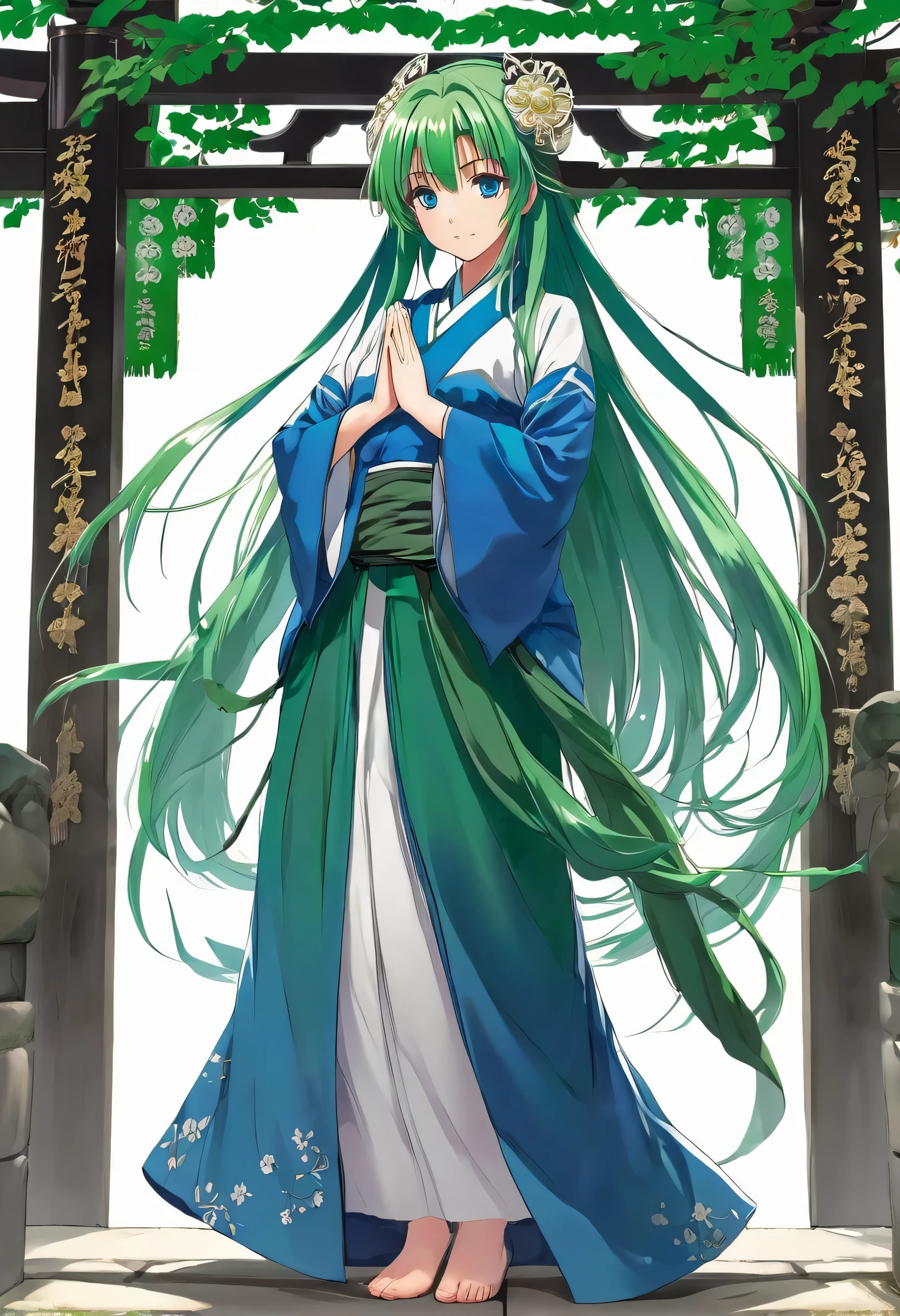 Anime girl with blue eyes and long green hair in a shrine maiden costume 、Standing facing forward、whole body、