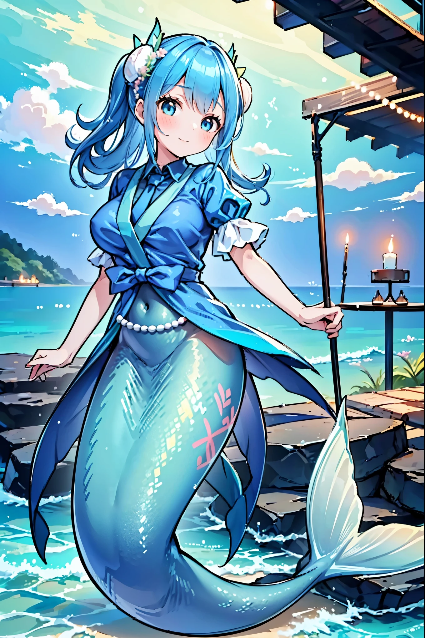 masterpiece, best quality,a woman,Large Breasts,Mermaid,Blue shirt,天藍色的Mermaid尾巴,full-body shot,sea view,for the audience,Get posed,swim in the sea,charming脸(Kawaii, charming,Soft)