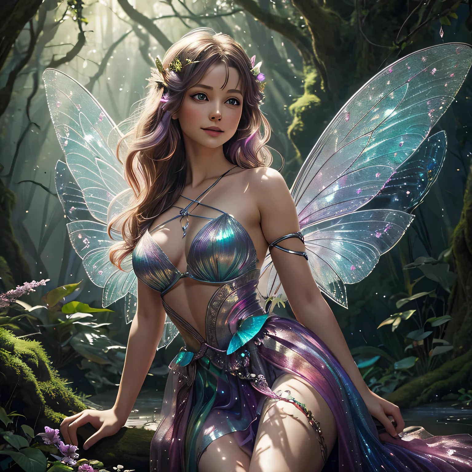 A beautiful fairy glitter Woman, anime style. walking through a vibrant glittering wonderland, showcasing the woman's rainbow glitter hair and sparkling, golden ornament. Every tree and mountain in the landscape is meticulously rendered, from the sugary trees to the gumdrop mountains, creating a visually stunning and immersive world. The overall effect is a delightful blend of fantasy, glitter and nostalgia, solarpunk, fantasy anime. 2.5D style anime, close-up, fine quality silver eyes, eyes looking at the camera, ultra detailed, Beautiful and aesthetically pleasing, masterpiece, Best quality score, Extremely detailed , dynamic angle, raytraced, middle body, close up, high view, particles, glitter and soft lights, angulo picado
