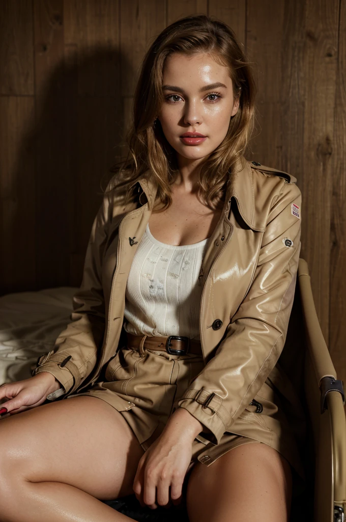 (absurdres, highres, ultra detailed), ((best quality)), ((masterpiece)), (detailed), perfect face,blond woman in a trench coat sitting on a suitcase in a field, woman is in a trenchcoat, trench coat with many pockets, wearing trenchcoat, wearing a trenchcoat, trench coat, wearing a long beige trench coat, trenchcoat, she is wearing a wet coat, light brown trenchcoat, (((detailed lips))), ((realistic skin)), glowing skin, ((glossy red lips)), very short blond hair