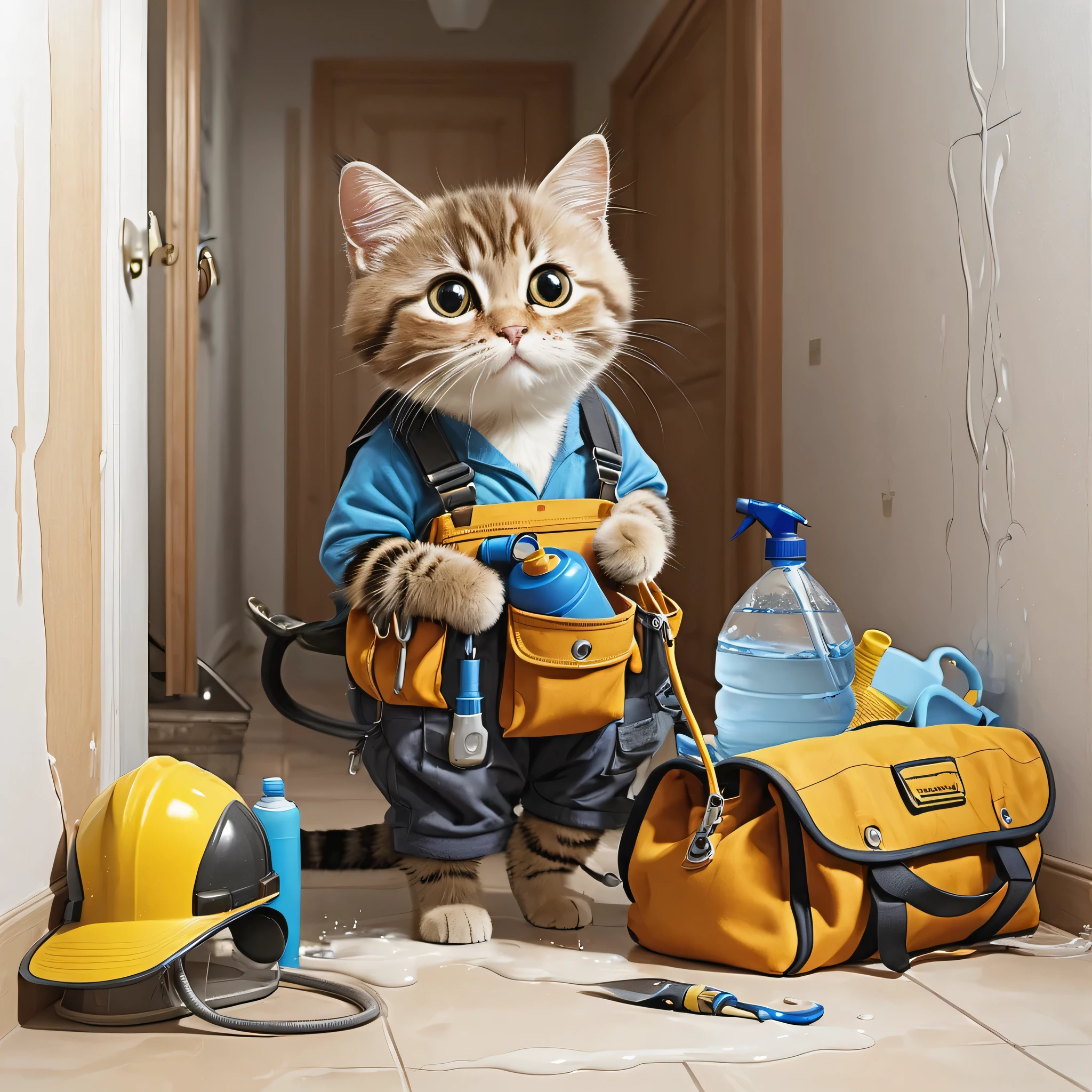 Chat mignon avec des vêtements, plombier, with its tool bag, fixing a water leak in a house, style dessin