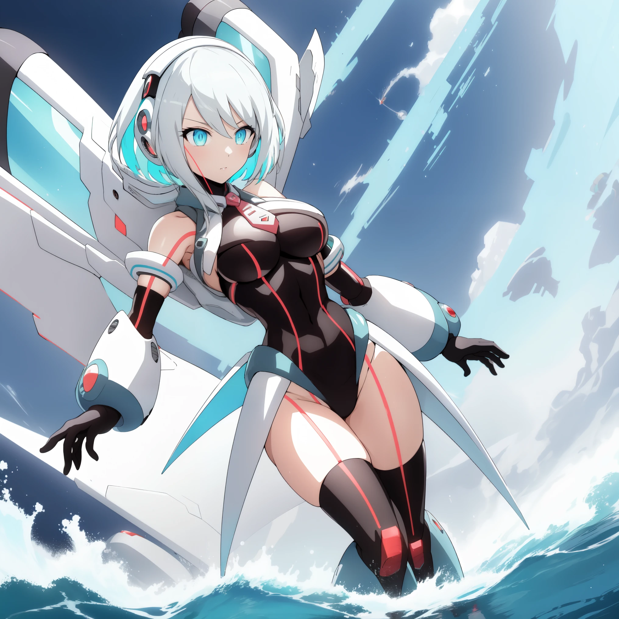 ico_megamanxdive, 1girl, blue eyes, solo, white hair, android, large breasts, black gloves, short hair, thighhighs, necktie, high quality, masterpiece, surrounded by water and a small moon, in the style of vivid energy explosions, anime art, dark palette, sharp and angular, dragon art, 8k, whirring contrivances