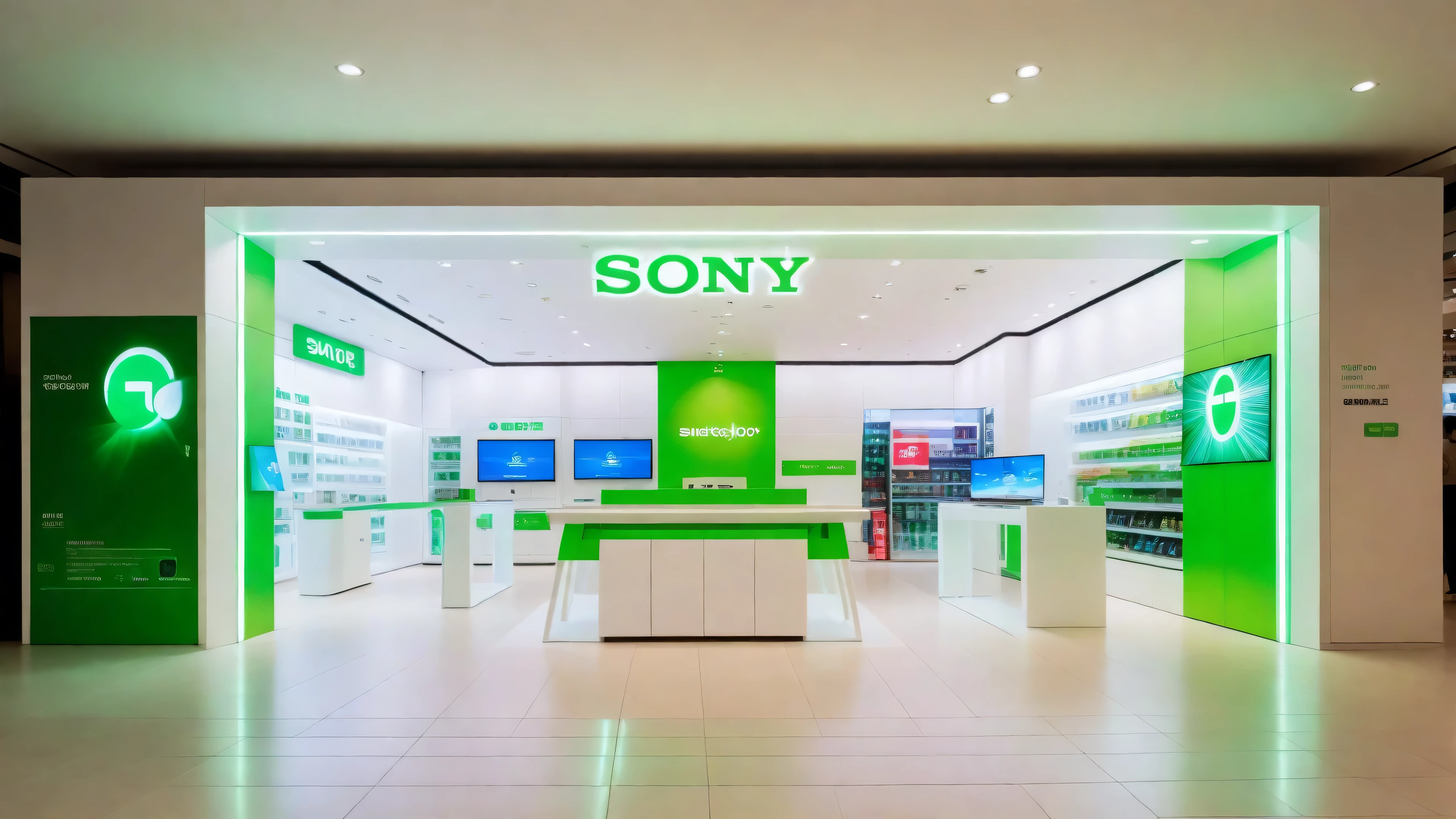 Smart switch shop in the mall, Smart switches are displayed in the store，The door head is green LOGO,photography，HD，Bright and clean environment，Rich details，8k，Front view，Electronic case display, Product display,