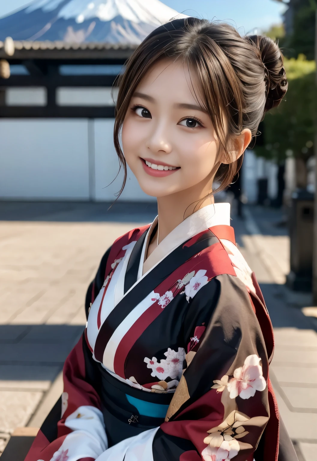 (masterpiece, best quality:1.1), (8k, raw photo, photo realistic:1.2, f22), (shiny skin), detailed skin, bun hair,detailed face, detailed eyes, smile,BREAK, real world, intricate details, smil, BREAK, 1girl, (kimono), BREAK, (Mt.Fuji:1.4), BREAK