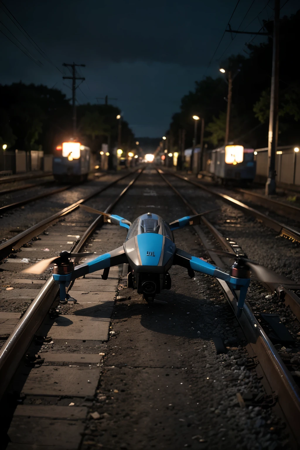 A UAV is prowled around the railway track with god's eyes, blue holographic, smooth color background, cinematic lighting
