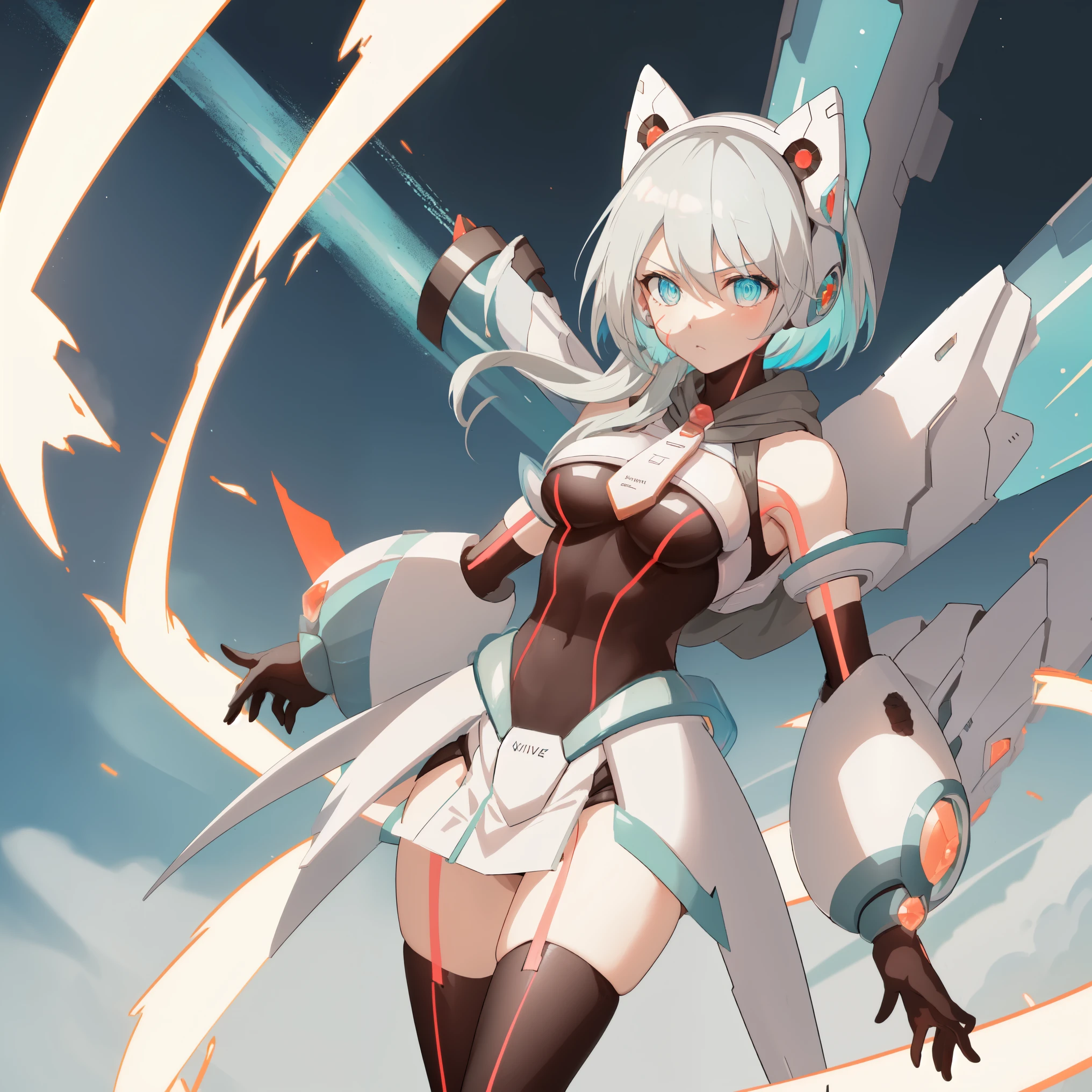 ico_megamanxdive, 1girl, blue eyes, solo, white hair, android, large breasts, black gloves, short hair, thighhighs, necktie, high quality, masterpiece, surrounded by water and a small moon, in the style of vivid energy explosions, anime art, dark palette, sharp and angular, dragon art, 8k, whirring contrivances