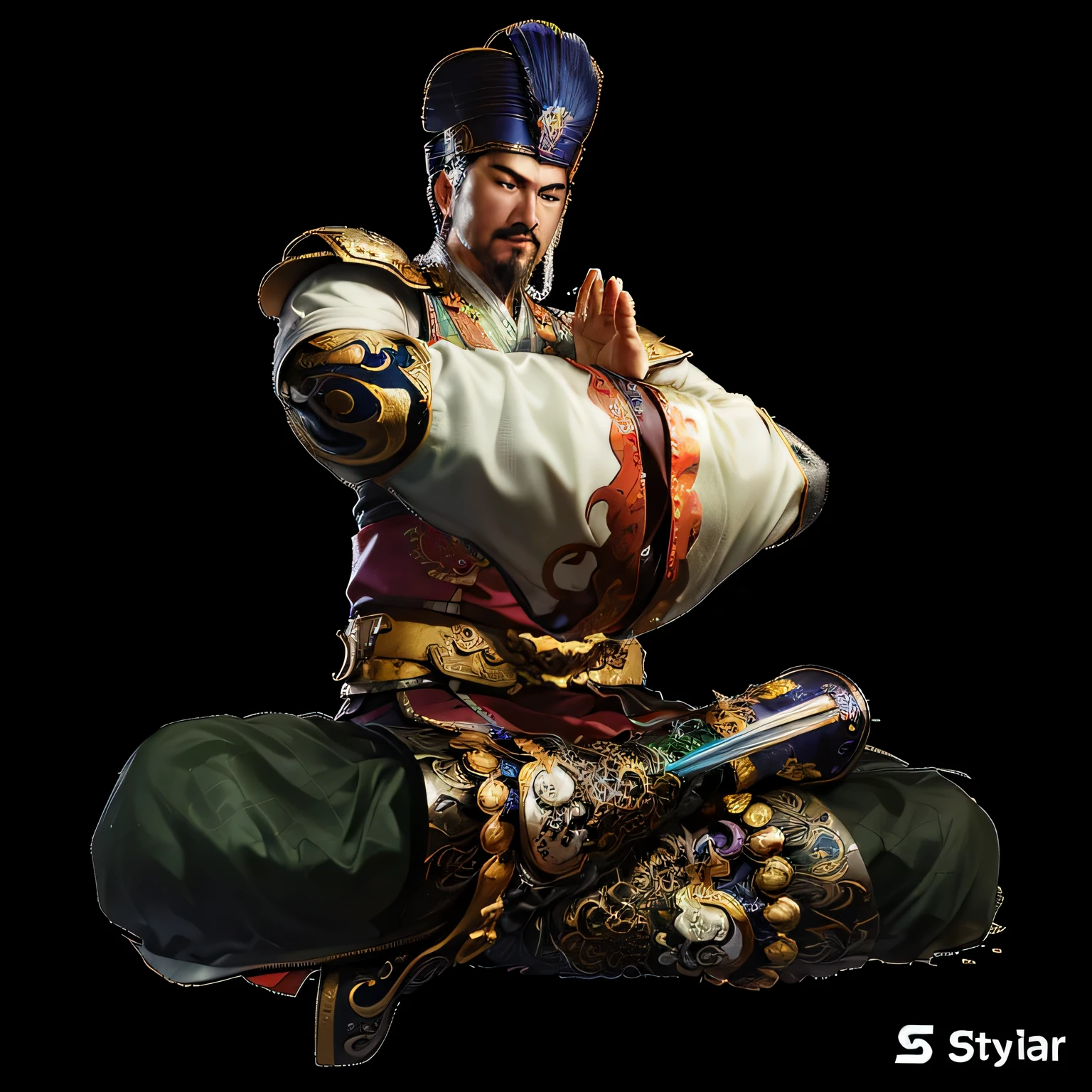un gros plan d'une personne assise sur un rocher avec une épée, bian lian, inspired by Hu Zaobin, style artistique g liulian, sultan ottoman, inspiré par Huang Shen, inspired by Li Kan, Guan Yu, Zhao Yun, gujian, heise jinyao, magnat khan, Donglu Yu, adar darnov, sultan