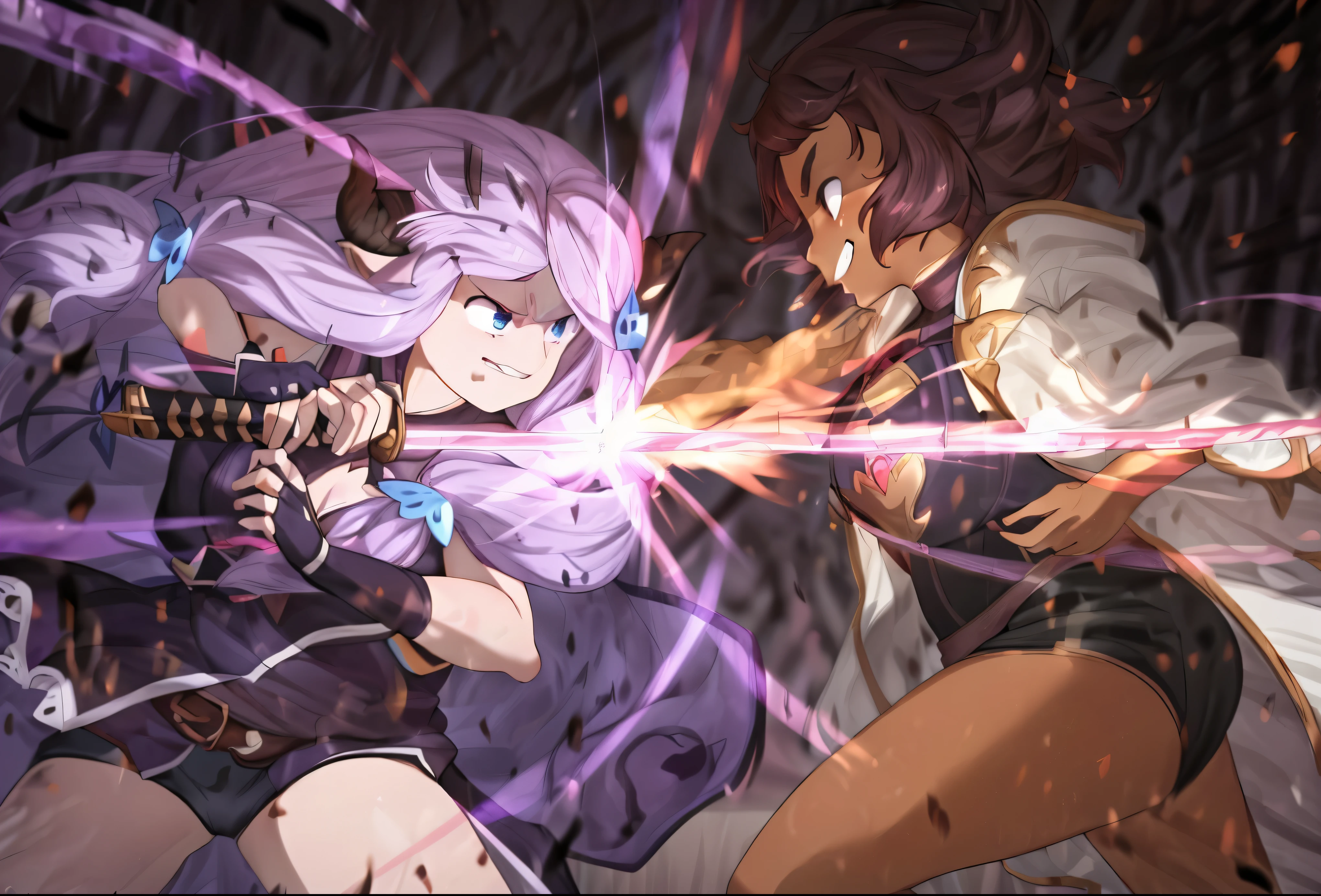 2girls,  connie maheswaran ( steven universe),narmaya ( granblue fantasy),  (connie maheswaran, age 25,blue and white striped halter top, black  microshorts, large pink sword), (narmaya, original outfit, katana, Uhd, hdr, 8k, masterpiece,  sexy swordswomen, face-to-face ,(character focused, impact frame), clashing effects, cleavage cutout, perfect bodies, perfect hands, perfect faces, perfect eyes,  incredibly sharp absurdres, incredibly sharp gradients, deep highlights,incredibly aesthetic, extremly detailed sword fight, sparring in a moonlit field,  competitve smirks, sword fighting, sword to sword,  close up, full-body, fast-paced, cel-shaded, key visual, battle art,  splash-art,  amazing quality, motion lines, motion details, , cool tones, rich atmospheric shading, intense lighting effects, action choreography, dynamic angle,  dynamic perspective, dynamic Line of action, dynamic scenery, atmospheric lighting, exciting, fun, Raw sensuality, hyper-femininity