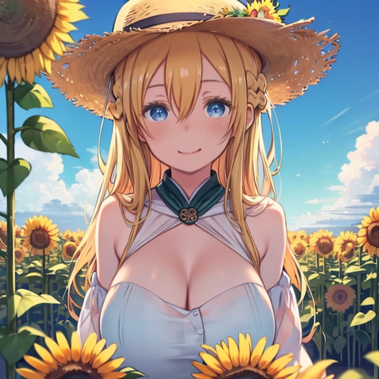 1girl, adult woman, (Naked: 1.4), (Blushing:1.4), (long loose transparent dress, string cleavage, completely naked), blushed, Smile, Cowboy Shot, Slim body, Small breast, small boobs, wet, drippimg wet, Full Body, glowing skin, detailed face, detailed eyes, (Detailed background: sunflowers farm, summer time)