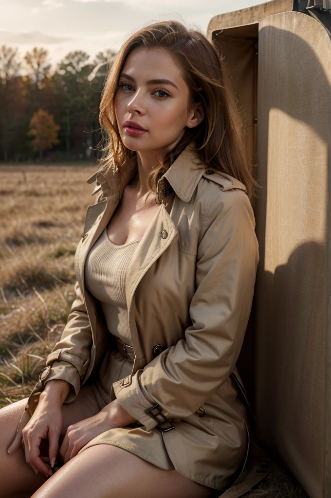 (absurdres, highres, ultra detailed), ((best quality)), ((masterpiece)), (detailed), perfect face,blond woman in a trench coat sitting on a suitcase in a field, woman is in a trenchcoat, trench coat with many pockets, wearing trenchcoat, wearing a trenchcoat, trench coat, wearing a long beige trench coat, trenchcoat, she is wearing a wet coat, light brown trenchcoat, (((detailed lips))), ((realistic skin)), glowing skin, ((glossy red lips)), extremely very short blond hair, full lips, pale skin, hayley atwell detailed face