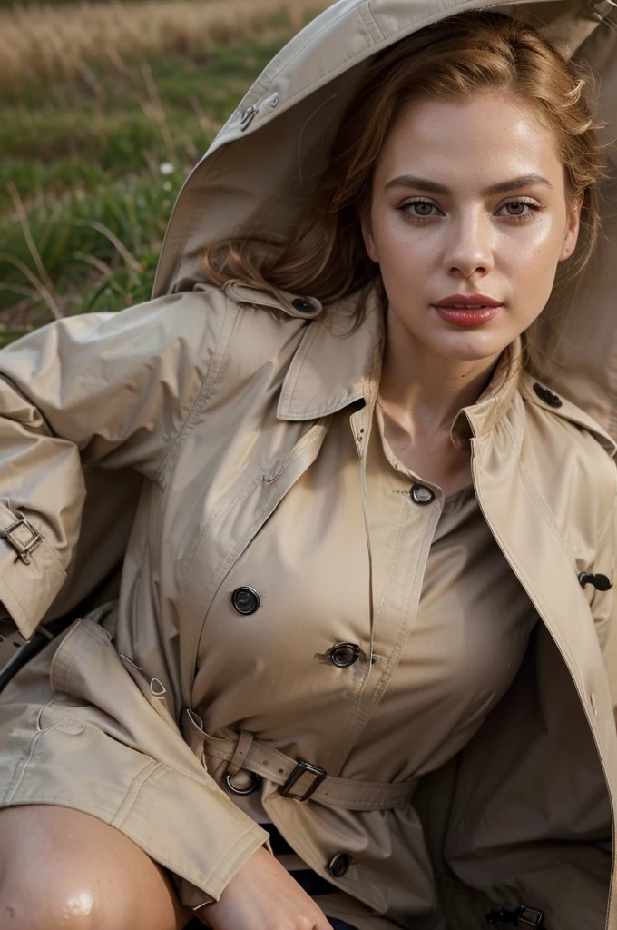 (absurdres, highres, ultra detailed), ((best quality)), ((masterpiece)), (detailed), perfect face,blond woman in a trench coat sitting on a suitcase in a field, woman is in a trenchcoat, trench coat with many pockets, wearing trenchcoat, wearing a trenchcoat, trench coat, wearing a long beige trench coat, trenchcoat, she is wearing a wet coat, light brown trenchcoat, (((detailed lips))), ((realistic skin)), glowing skin, ((glossy red lips)), extremely very short blond hair, full lips, pale skin, hayley atwell detailed face