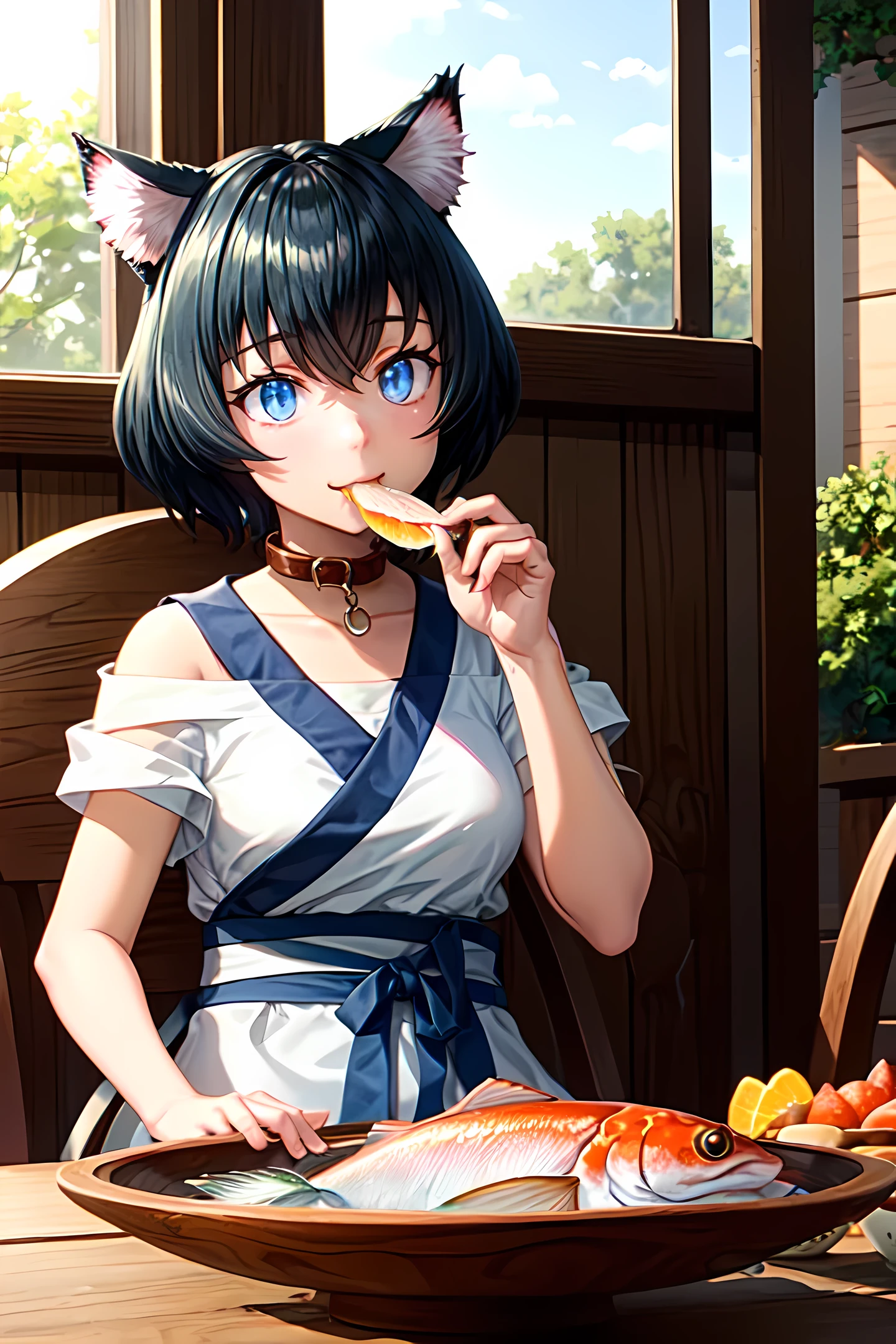 (masterpiece), (high_quality:1.3), Miria, cat ears, ((blue)) cat tail, cat girl, collar, :3, happy, sitting, holding_food, (((eating))) ((fish)), indoors, wooden_house, dining room, looking_at_viewer, morning, sunrise, [[forest]], anime