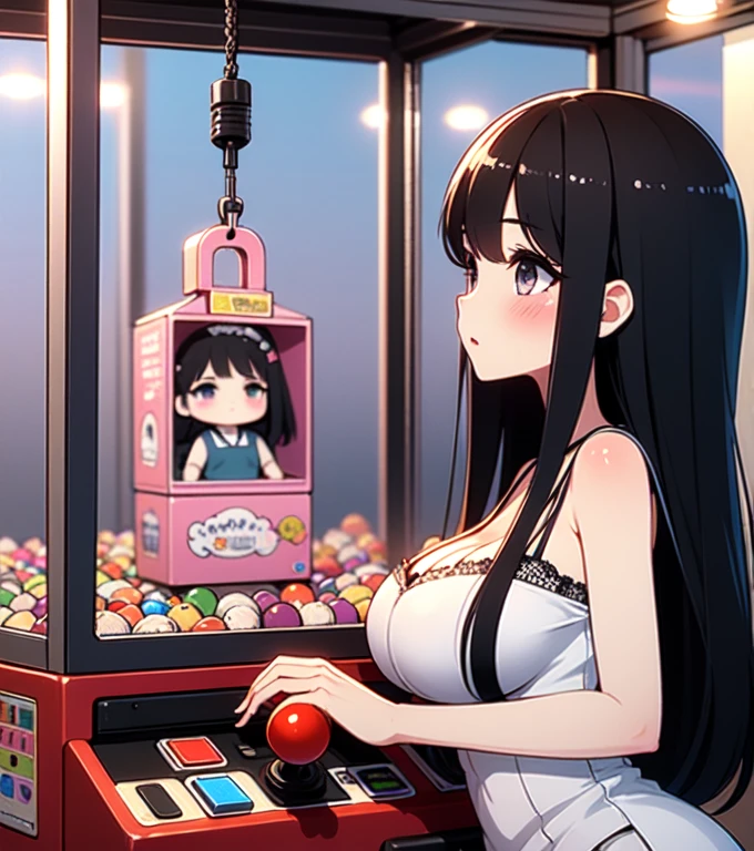 (((masterpiece))), (((highest quality))), ((Claw Machine)), Place your hands on the bottom panel, Control the long joystick and press the buttons, Use the clamp to lift the toy, One girl, Komishoko, shy, blush, , Claw Machine,  Rear View,、Camel Toe、Giant tit、Nipple Puffs、Cleavage、Plump、Super big breasts、Super big butt、Get a prize