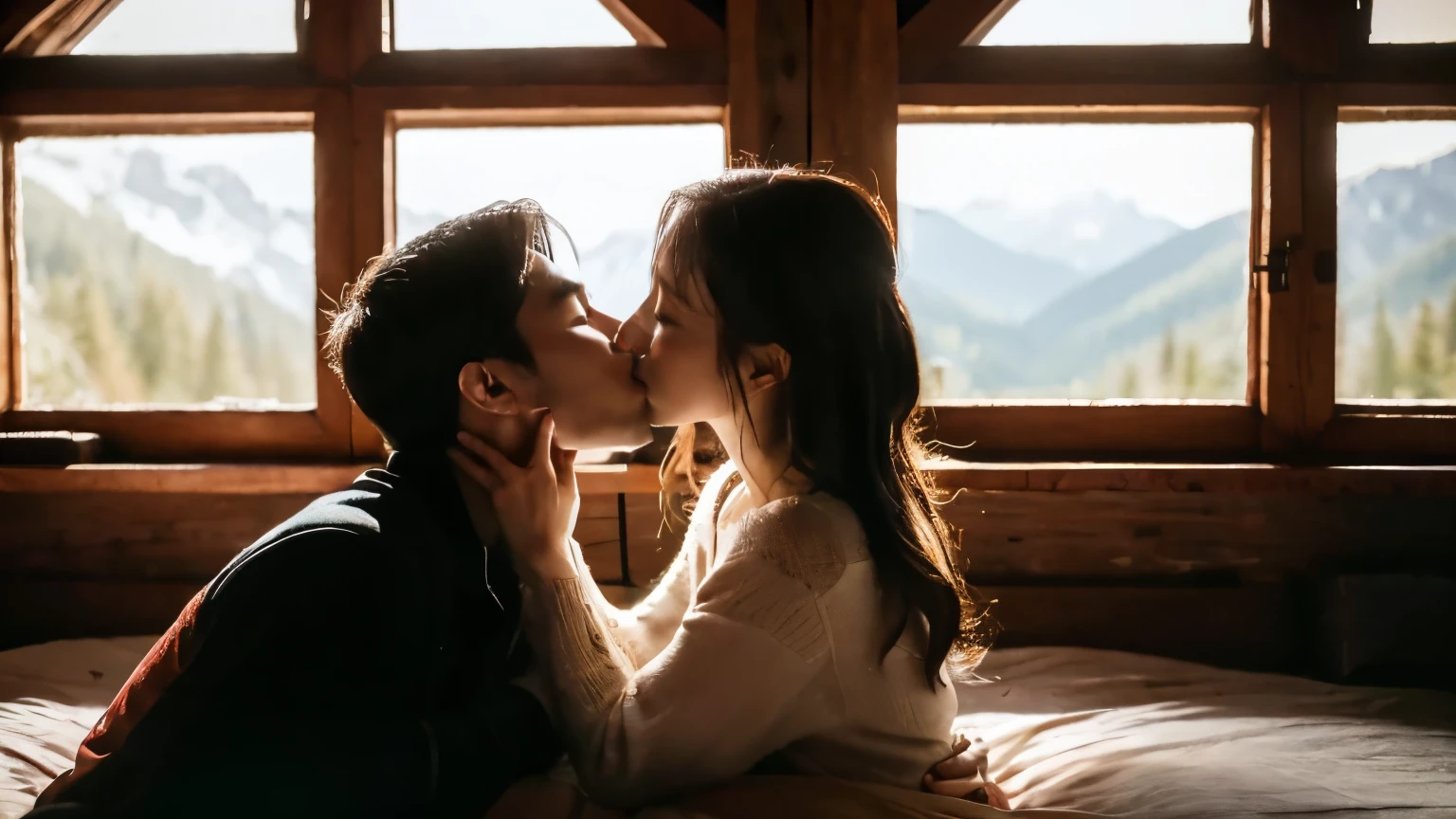 a kiss scene of a couple in a cabin in front of the mountain