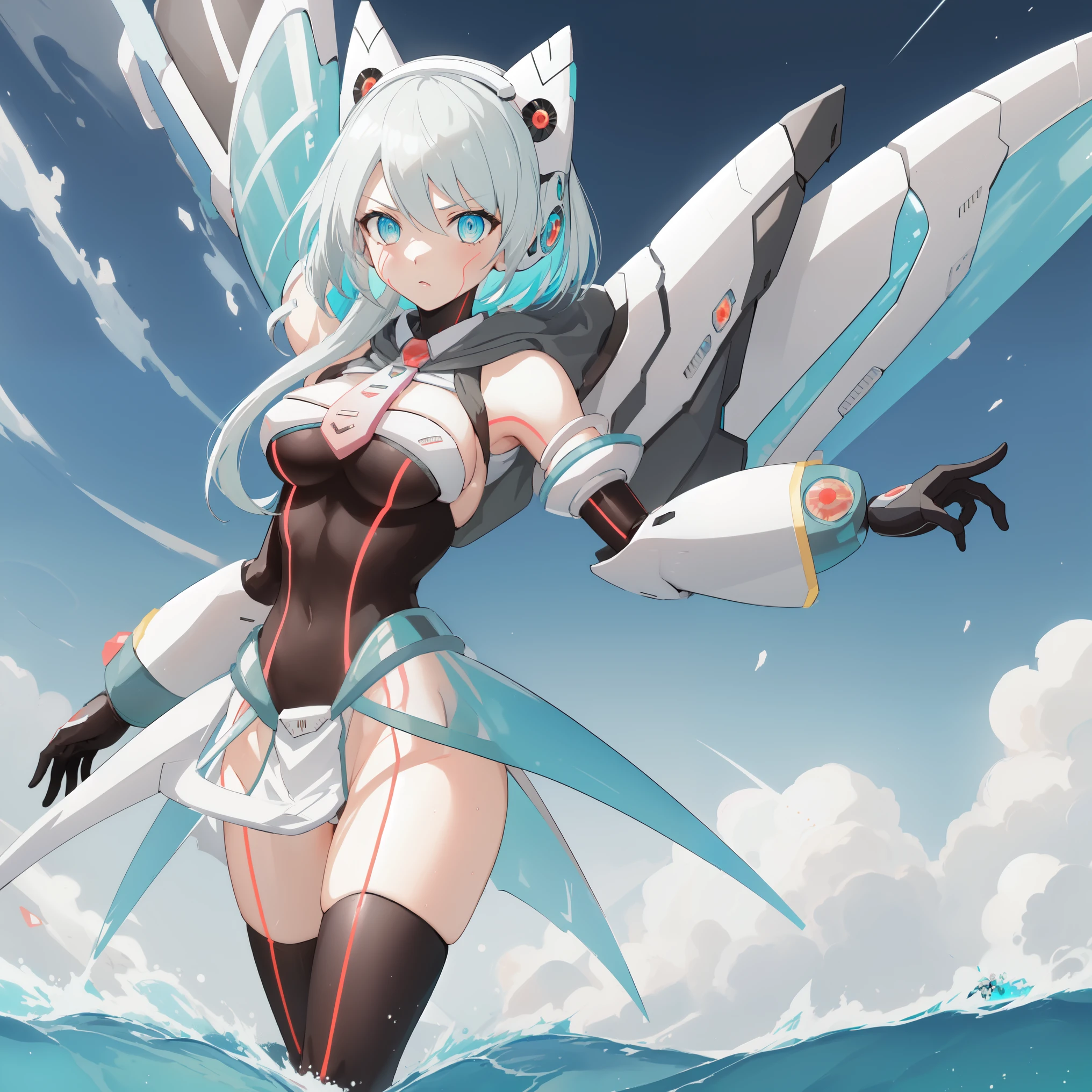 ico_megamanxdive, 1girl, blue eyes, solo, white hair, android, large breasts, black gloves, short hair, thighhighs, necktie, high quality, masterpiece, surrounded by water and a small moon, in the style of vivid energy explosions, anime art, dark palette, sharp and angular, dragon art, 8k, whirring contrivances