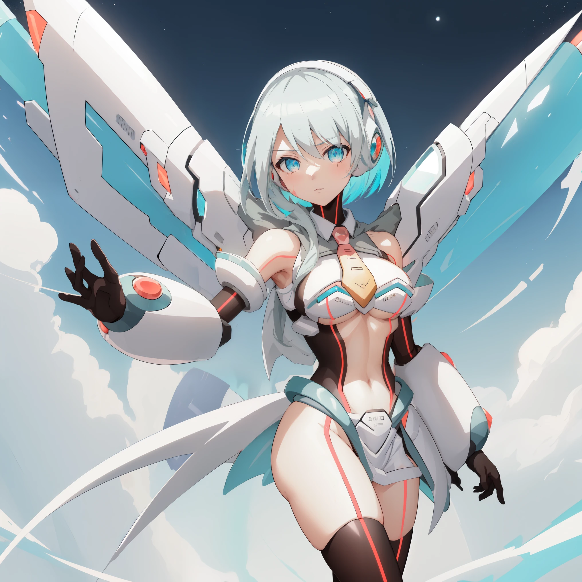 ico_megamanxdive, 1girl, blue eyes, solo, white hair, android, large breasts, black gloves, short hair, thighhighs, necktie, high quality, masterpiece, surrounded by water and a small moon, in the style of vivid energy explosions, anime art, dark palette, sharp and angular, dragon art, 8k, whirring contrivances