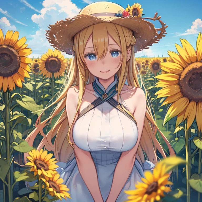 masterpiece, highest quality、Medium wide shot、Cowboy Shot、(mint, blue eyes, braid、Long blonde、Hair between the eyes)、Big Breasts、Huge breasts、summer、Sunflower field、one piece、Straw hat、Have sunflowers、clothes are transparent、Watching the audience、laughing、outside、屋outside、blue sky、Fantasy、