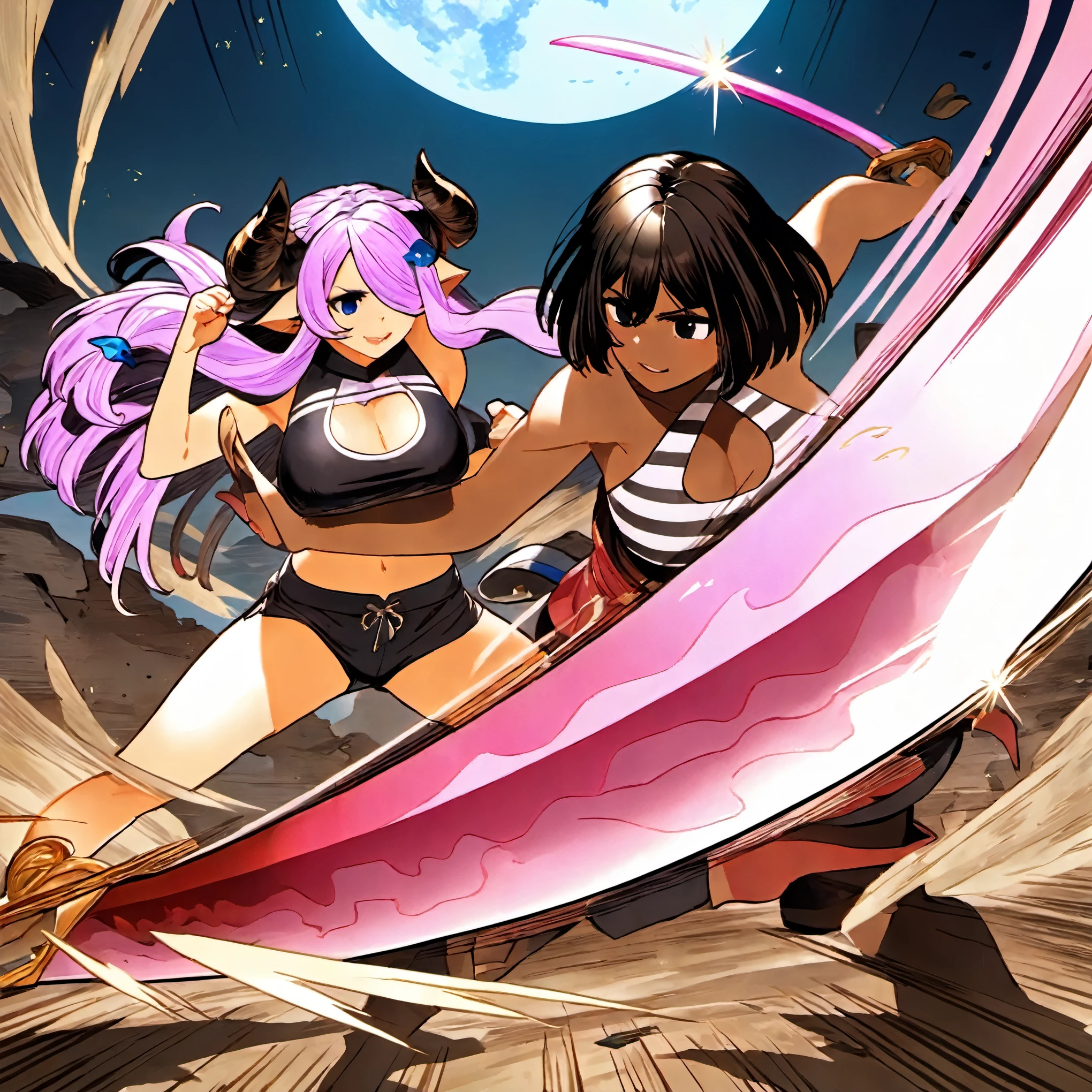 2girls, connie maheswaran ( steven universe),narmaya ( granblue fantasy), (connie maheswaran, age 25,blue and white striped halter top, black microshorts, large pink sword), (narmaya, original outfit, katana, Uhd, hdr, 8k, masterpiece, sexy swordswomen, face-to-face ,(character focused, impact frame), clashing effects, cleavage cutout, perfect bodies, perfect hands, perfect faces, perfect eyes, incredibly sharp absurdres, incredibly sharp gradients, deep highlights,incredibly aesthetic, extremly detailed sword fight, sparring in a moonlit field, competitve smirks, sword fighting, sword to sword, close up, full-body, fast-paced, cel-shaded, key visual, battle art, splash-art, amazing quality, motion lines, motion details, , cool tones, rich atmospheric shading, intense lighting effects, action choreography, dynamic angle, dynamic perspective, dynamic Line of action, dynamic scenery, atmospheric lighting, exciting, fun, Raw sensuality, hyper-femininity