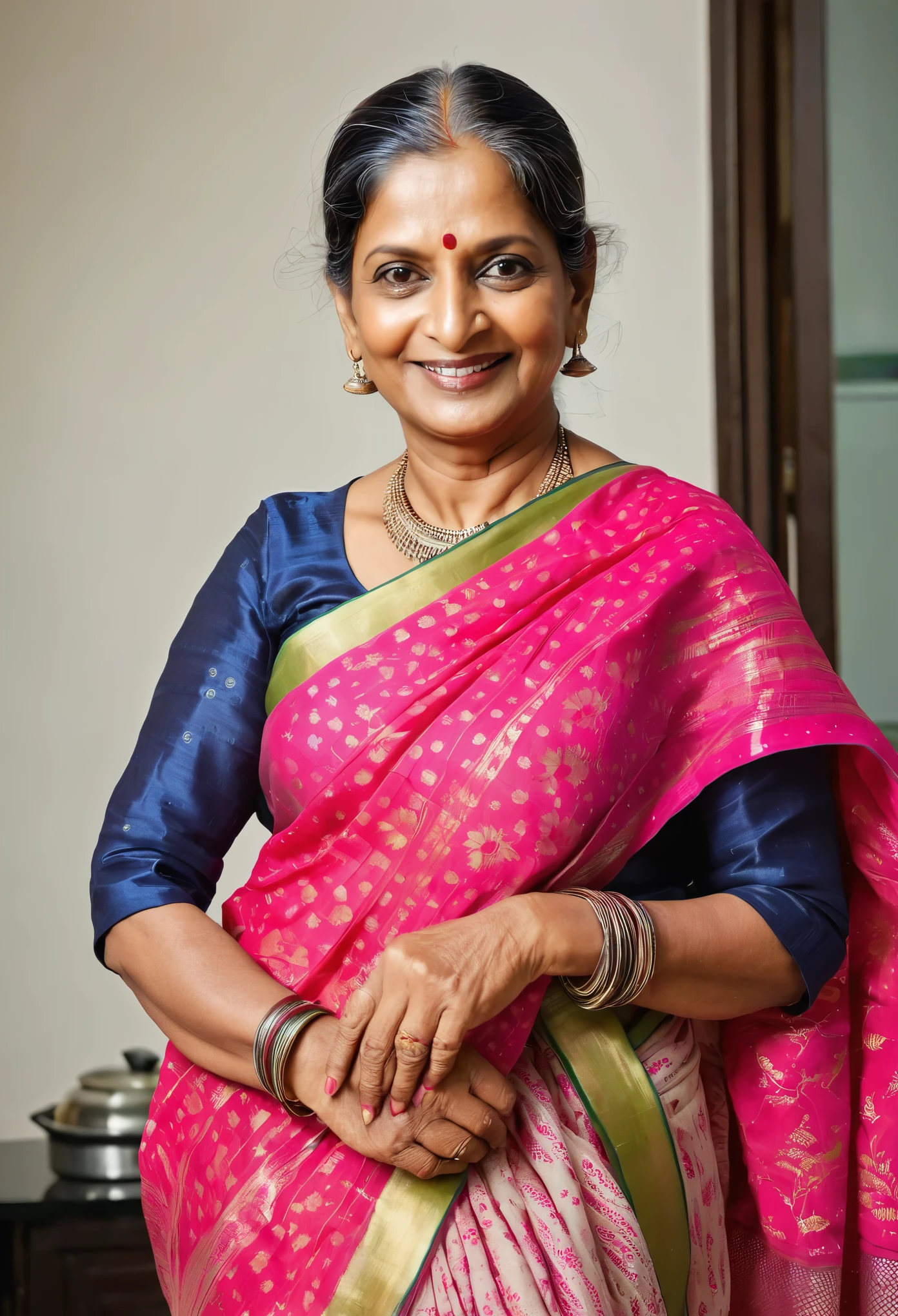 A beautiful Indian woman in her 50s, wearing a traditional saree.
Her kind eyes and warm smile reflect her nurturing personality.
She has a full figure, which is typical for her age and ethnicity.
Show her engaged in various household chores throughout the day, such as cooking, cleaning, or reading to a .
Focus on capturing the beauty of everyday life in an Indian household.