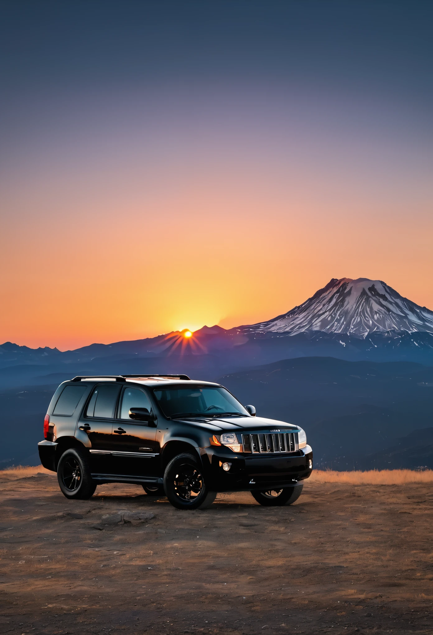 Mountain, black car , suv , sunset