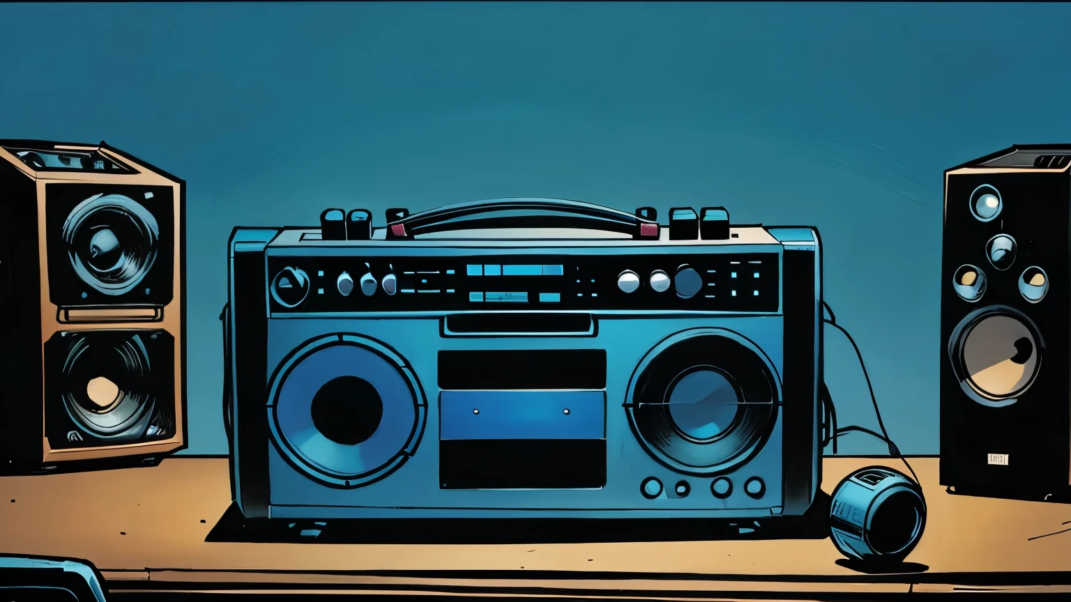 modern boombox on the table, comic style, blue theme lighting