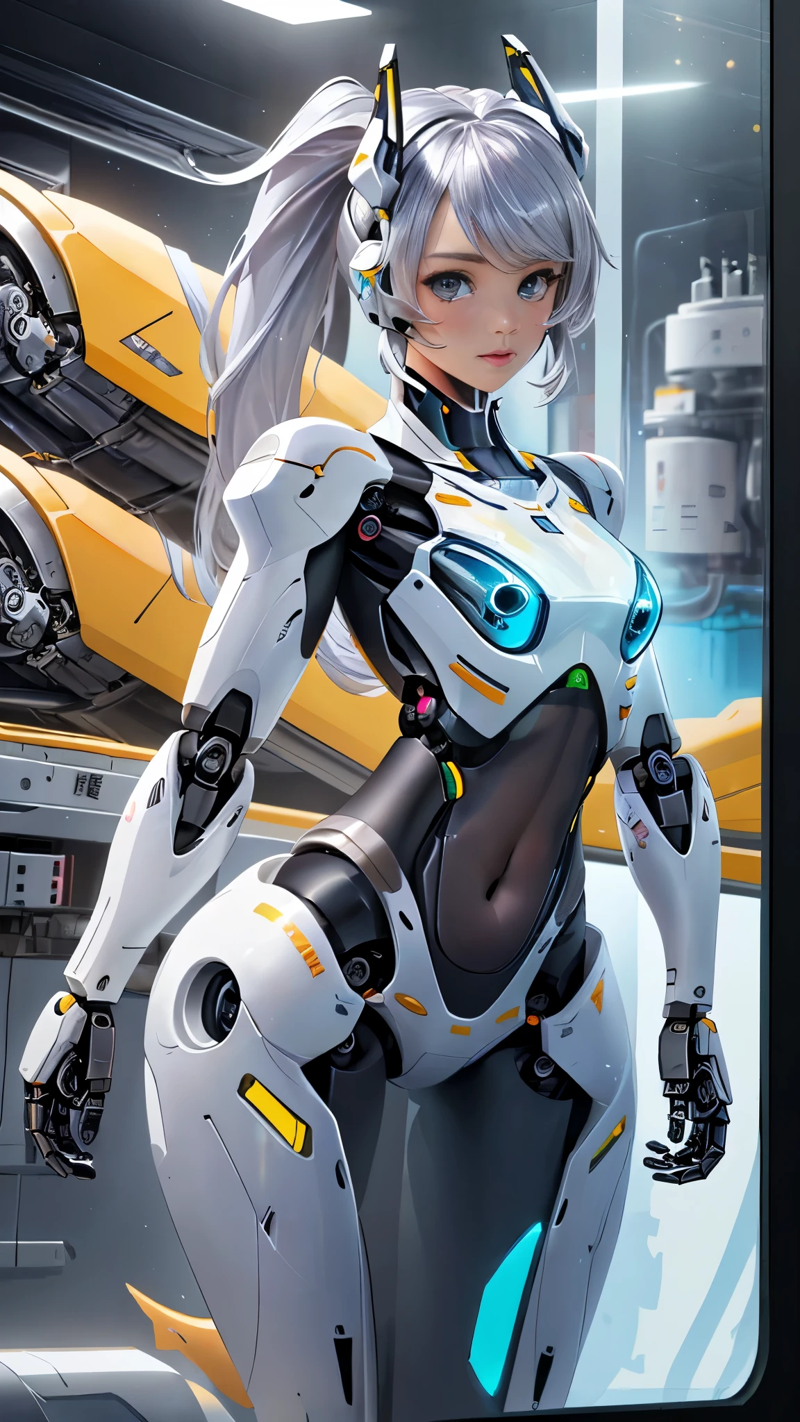 Fondo de pantalla CG Unity 8k altamente detallado, With the highest quality, obra maestra, Realista, fotos realistas, Sharp focus:1.2、Estilo perfecto、,Ariana Grande japonesa androide cyborg, robotic parts, hermoso estudio con luz suave, Detalles vibrantes, Ciberpunk de lujo, (Android body made of white and silver transparent glass and plastic:1.4), , (Mecanismos internos del cuerpo de metal plateado+pink), dynamic pose, Fluid organic components, Grabado detallado, Lace designs, (Circuitos dorados brillantes:1.5), (hermosos ojos azules), (pose vaquero ), Fanart Mejor ArtStation, Fantasy art style ,(cuerpo de vidrio transparente:1.5) ,(fondo laboratorio Robotic futuristic colors:1.5) ,(Dedos convexo detailed )