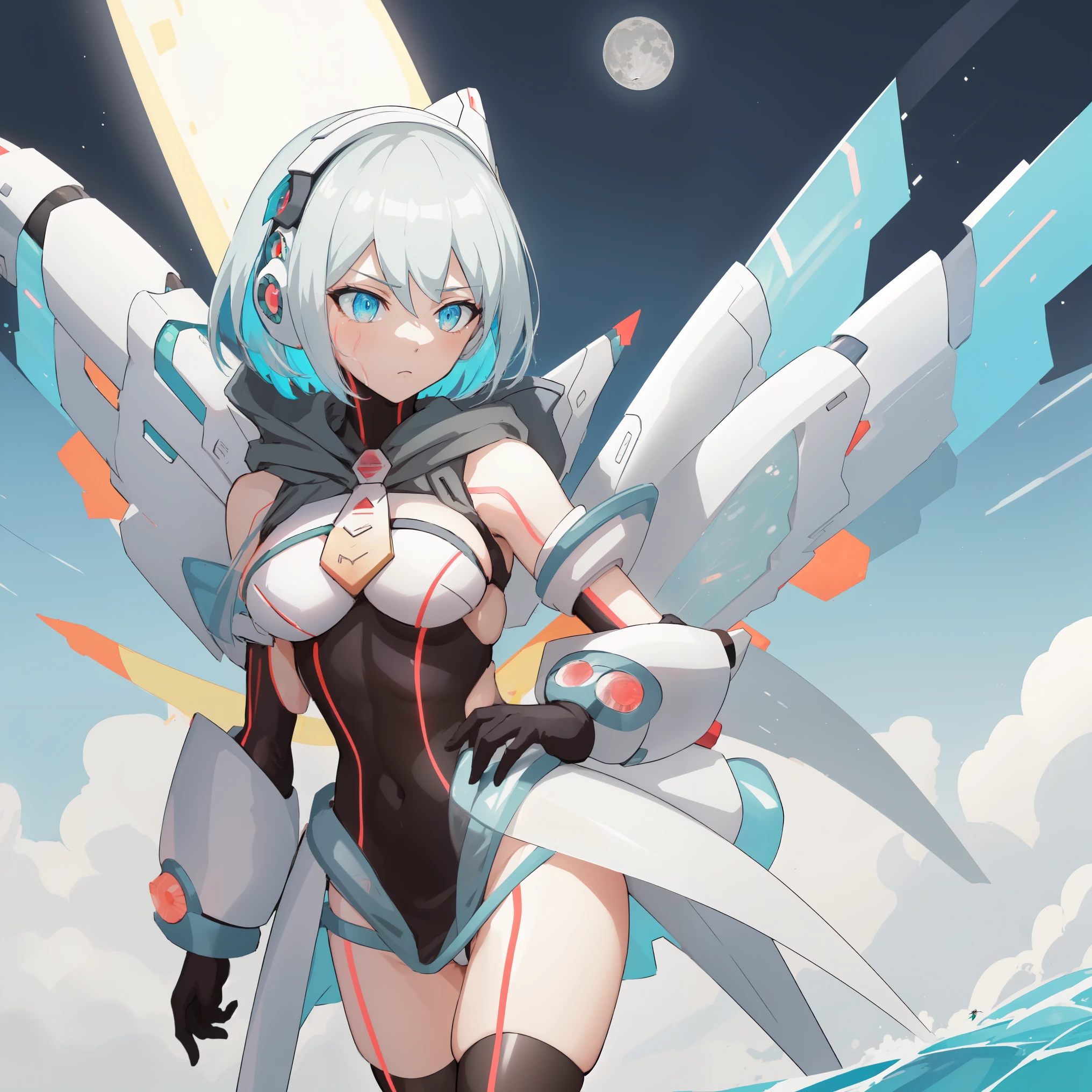 ico_megamanxdive, 1girl, blue eyes, solo, white hair, android, large breasts, black gloves, short hair, thighhighs, necktie, high quality, masterpiece, surrounded by water and a small moon, in the style of vivid energy explosions, anime art, dark palette, sharp and angular, dragon art, 8k, whirring contrivances