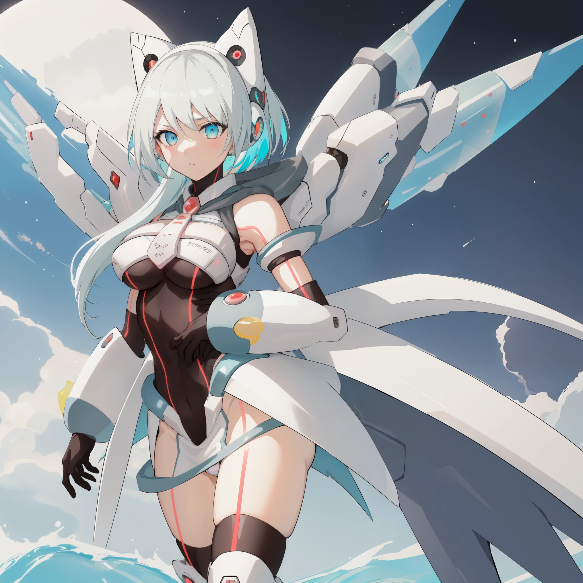 ico_megamanxdive, 1girl, blue eyes, solo, white hair, android, large breasts, black gloves, short hair, thighhighs, necktie, high quality, masterpiece, surrounded by water and a small moon, in the style of vivid energy explosions, anime art, dark palette, sharp and angular, dragon art, 8k, whirring contrivances