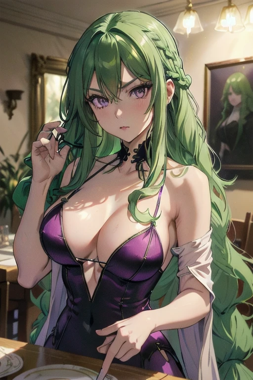 (1girl, light green hair long hair dreadlocks, purple eyes, cateyes, serious) (digital) (in detailed dining room, (evening gown, plunging neckline)) , best quality, stlouis,