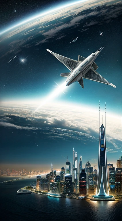 Create a vivid scene depicting Seaart.AI's futuristic Space City, bustling with life as spacecraft elegantly glide in and out of the skyline. Describe the gleaming towers adorned with advanced technology, the bustling spaceports alive with activity, and the graceful dance of spacecraft as they navigate through the city's airspace. Capture the essence of a bustling metropolis set against the backdrop of endless space, where innovation and exploration intertwine