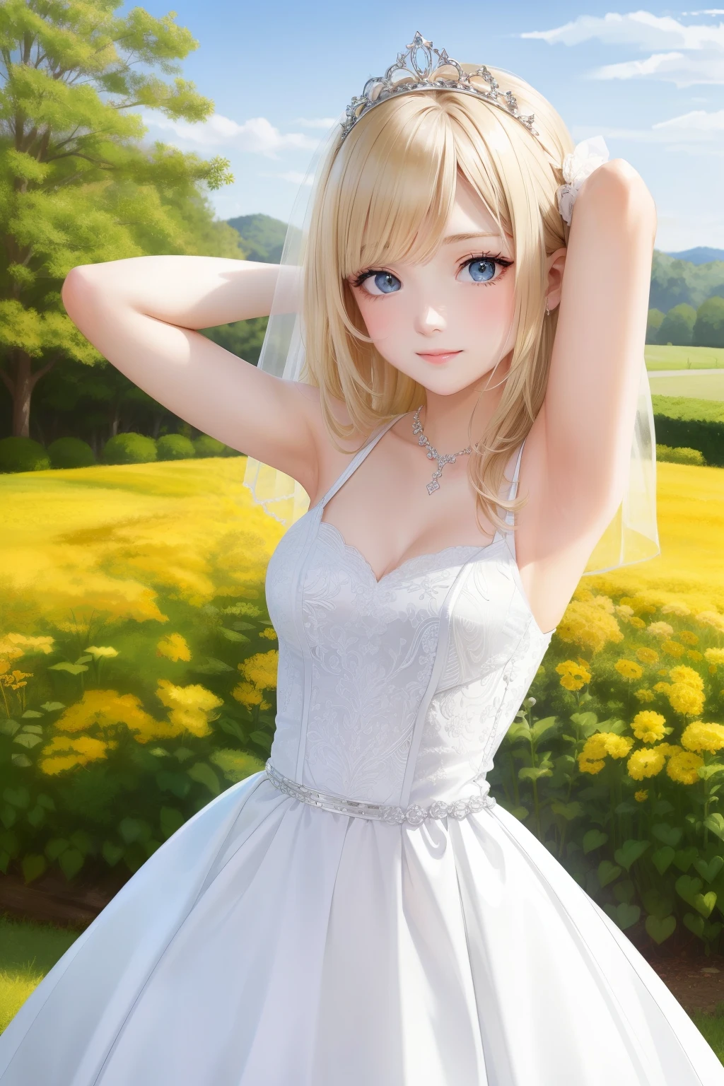 A girl,16 year old,wedding dress,european countryside,blonde,bangs bangs,pretty face,thick and muscular upper arms,armpit,tiara