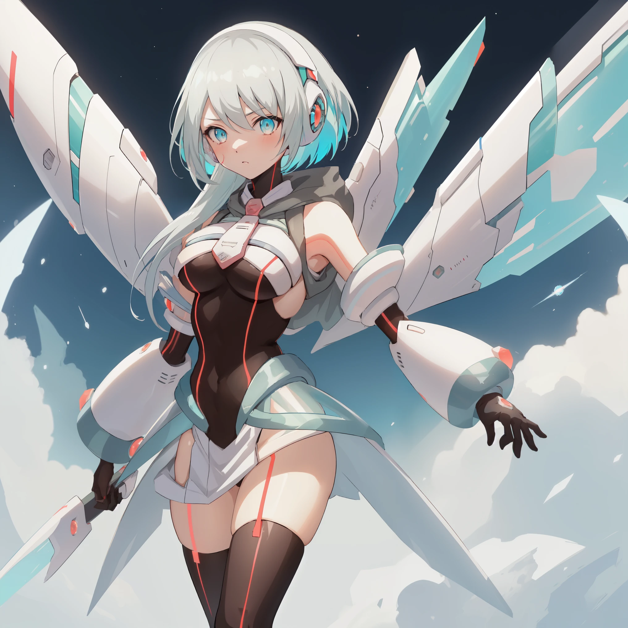 ico_megamanxdive, 1girl, blue eyes, solo, white hair, android, large breasts, black gloves, short hair, thighhighs, necktie, high quality, masterpiece, surrounded by water and a small moon, in the style of vivid energy explosions, anime art, dark palette, sharp and angular, dragon art, 8k, whirring contrivances