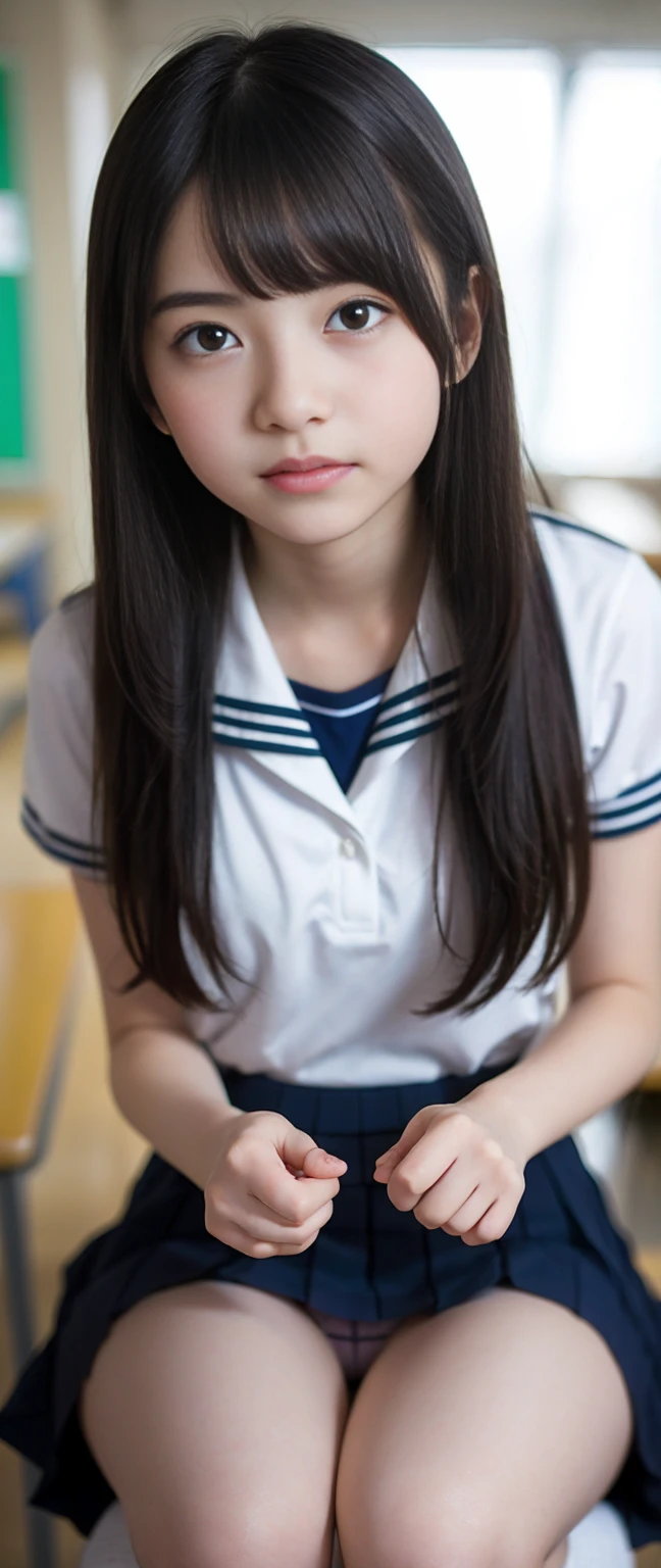 (masterpiece, highest quality:1.2), 8K, young beautiful girl, 85mm,Official AR RAW photo, baby face、big breasts、show me your ears、photo shoot, cute face, thighs, After school classroom, looking at the viewer, no makeup, film grain, chromatic aberration, sharp focus, face light, clear lighting, Ten generations, detailed face, background bokeh、((((((16 year old high school girl))))))、thin waist、Lowered from the top of the front、sailor suit、cardigan、Dark blue super mini skirt、tying hair、Squat down and show panties、white lace panties