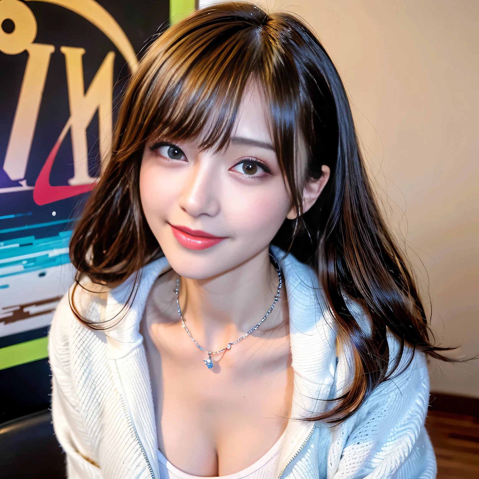 ((highest quality, 8K, masterpiece: 1.3)), concentrated: 1.2, Cute girl 1,nipples erect、Braless walk、 Perfect beauty: 1.4,hoodie: 1.2,Long sleeve、randal color、comics&Text Graphics、Black ruffle-trimmed drawstring zip blouse,1.1, Highly detailed face and skin textures, Fine grain, double eyelid, whitening skin, ,highest quality,Ultra-high resolution,you,1 girl,alone,_Shiny_skin,Iris,necklace,((Brown_length_Wavy_hair)),(lips)),eyelash,front hair,deal with,compensate,Shiny,pore,skin texture,big breasts、smiling face、living、