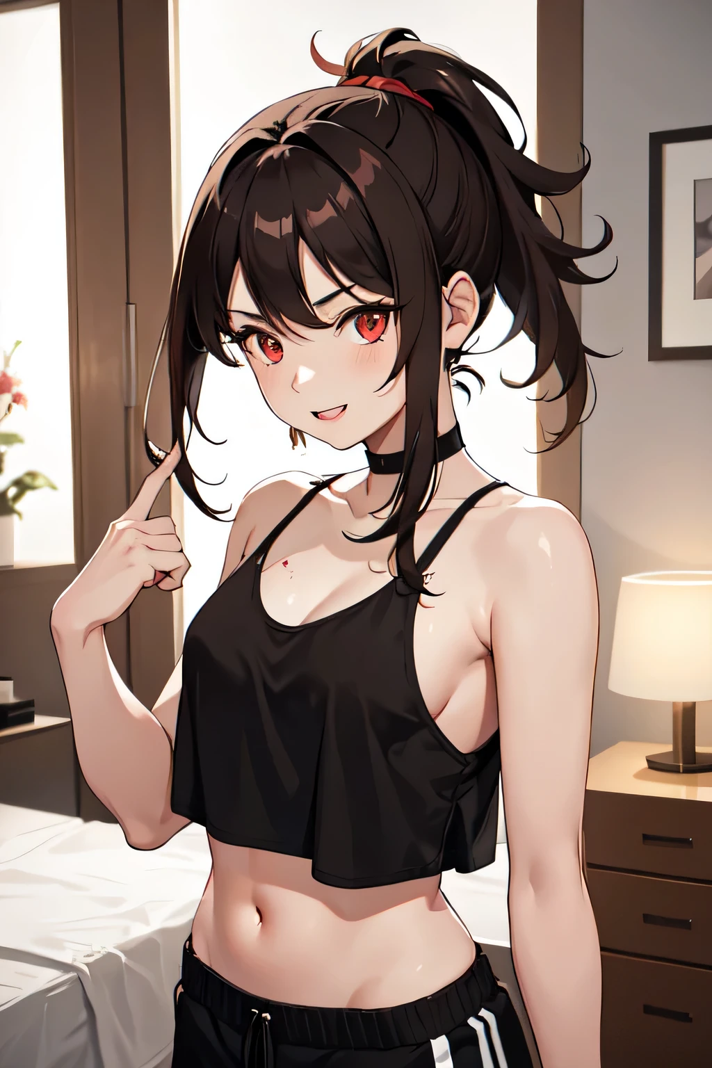 1girl,20y.o,using black crop top and tank short,brown hair,mullet haircut,long hair,ponytail hairstyle,light red eyes,bedroom open the door background, happy expression