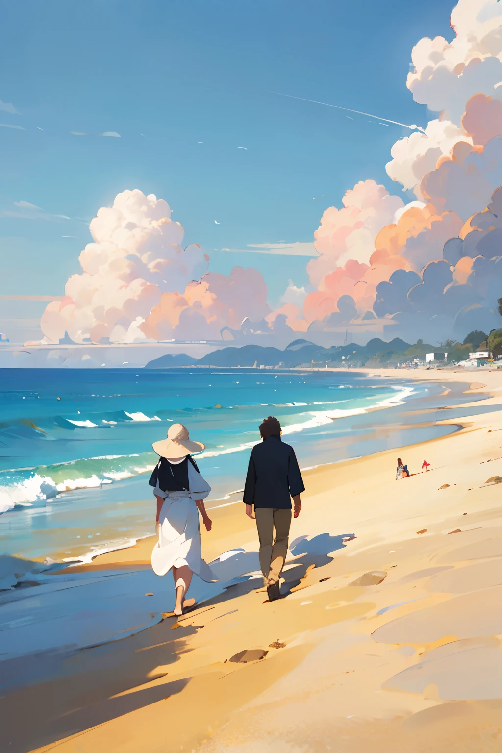 Beach Walk,Back,spring,waves,Blue sky and white clouds,Golden beach,People in the distance,Small proportions of the characters,A man and a woman taking a walk,Bright and warm atmosphere,Perfect picture quality,outstanding work,illustration background