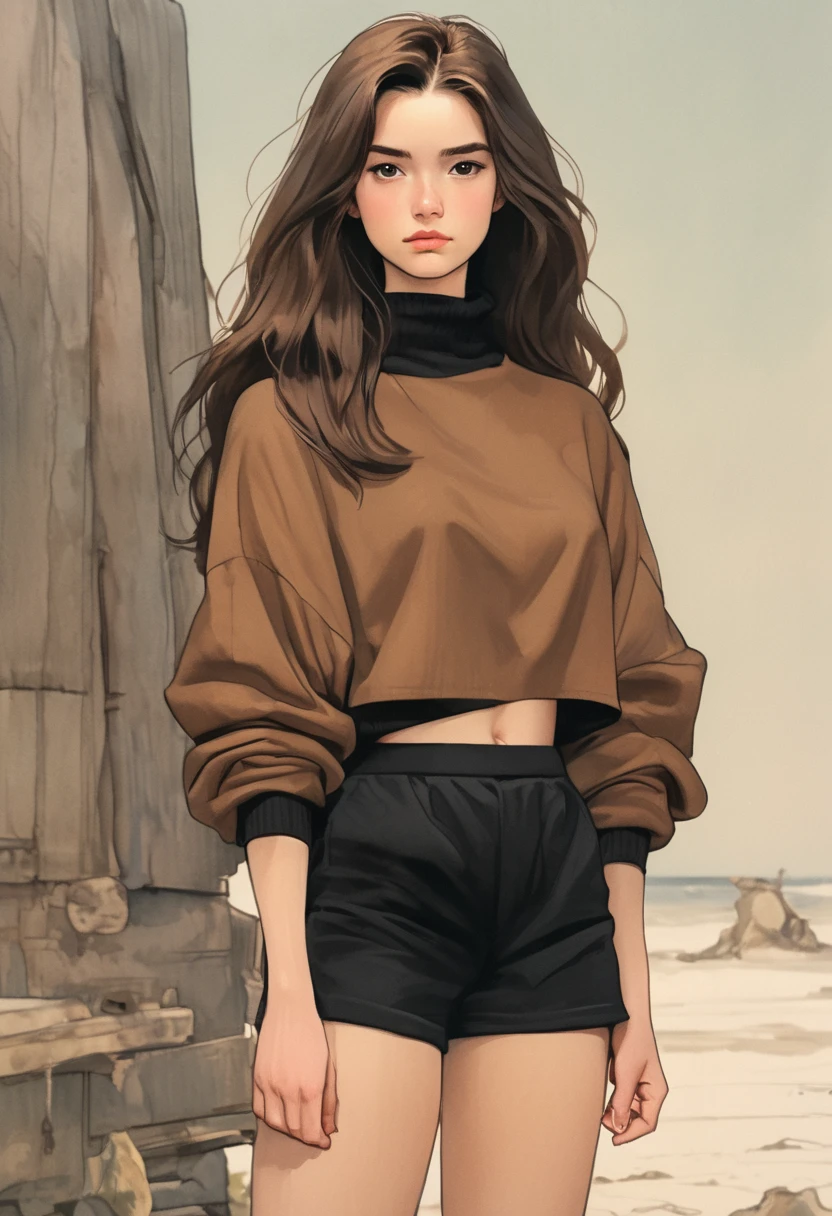 Girl, long brown hair, arms crossed, black cropped turtleneck,black shorts, barefoot, standing, serious face full body